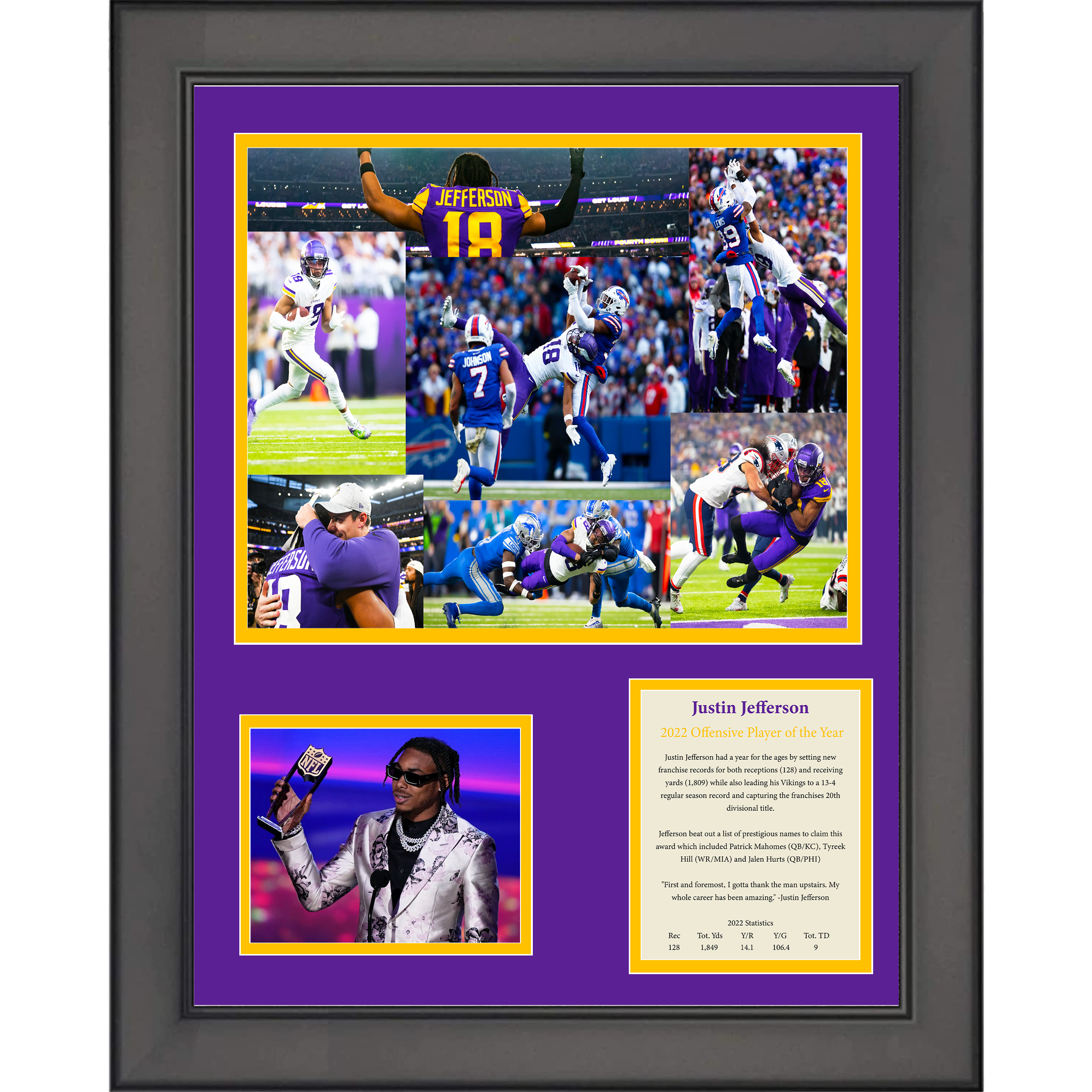 Framed Justin Jefferson 2022 Offensive Player of the Year Award Minnesota Vikings 11"x14" Football Three Photo Collage