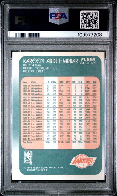 Graded 1988 Fleer Kareem Abdul Jabbar #64 Basketball Card PSA 8 NM-MT Graded 1988 Fleer Kareem Abdul Jabbar #64 Basketball Card PSA 8 NM-MT