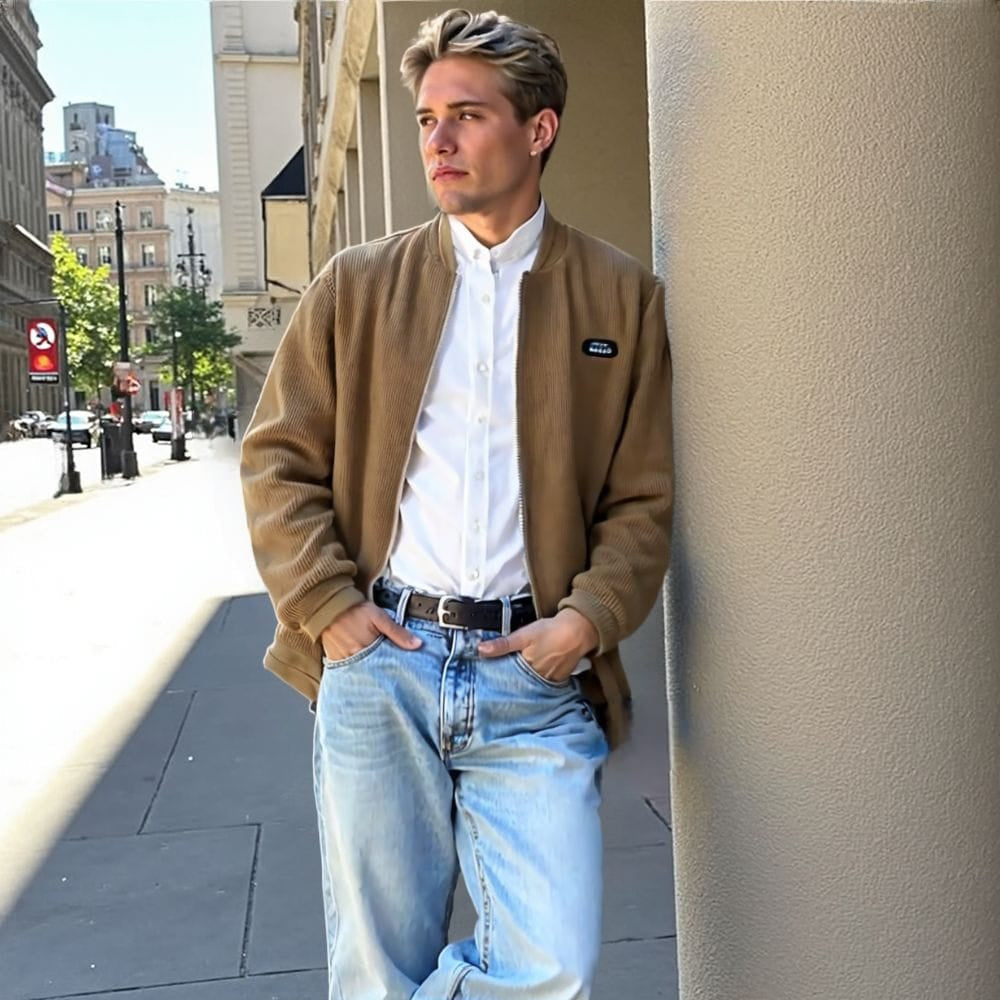 Mens Round Collar Winter Zipped Up Elbow Patch Jacket