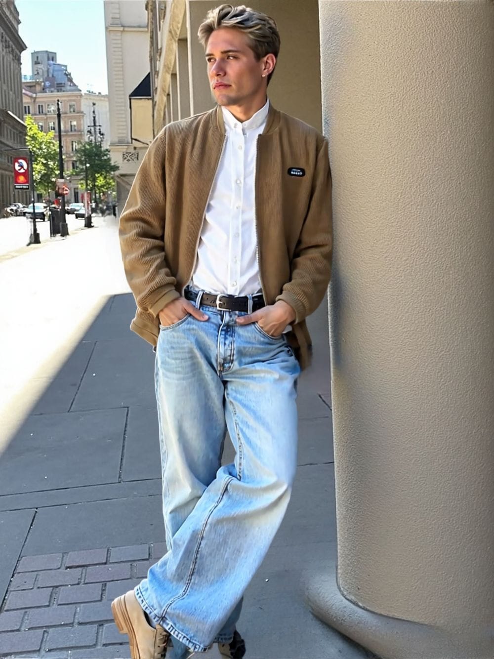 Mens Round Collar Winter Zipped Up Elbow Patch Jacket