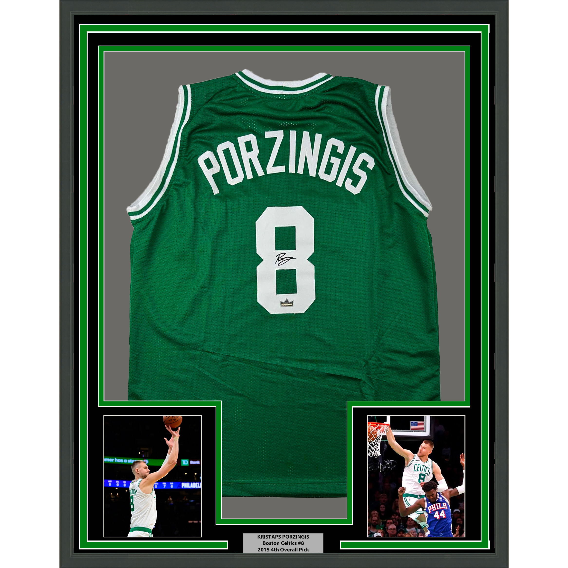 Framed Facsimile Autographed Kristaps Porzingis 35x39 Boston Green Reprint Laser Auto Basketball Jersey