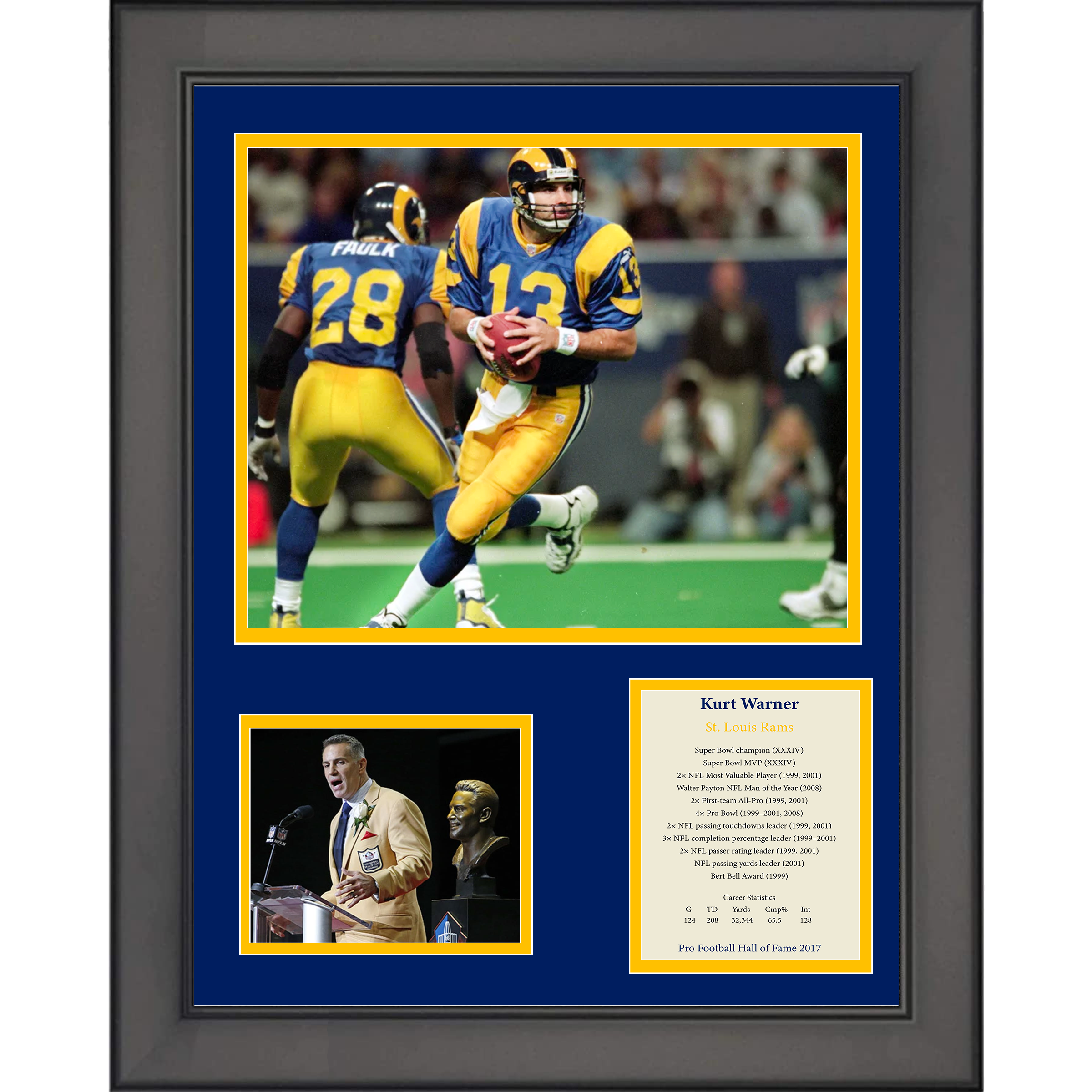 Framed Kurt Warner Hall of Fame St. Louis Rams 11"x14" Football Three Photo Collage