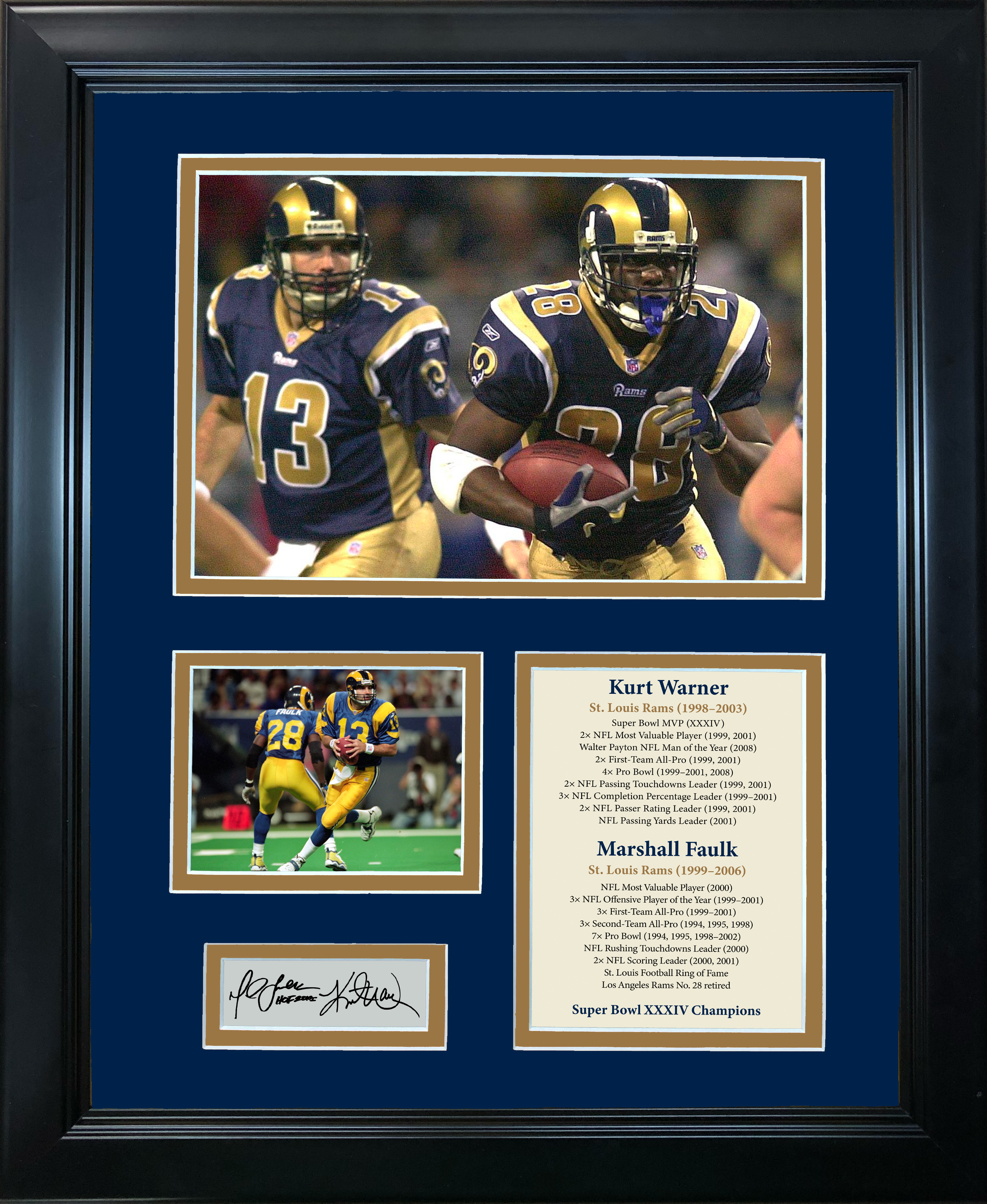 Framed Kurt Warner & Marshall Faulk Dual Facsimile Laser Engraved Signature Auto St. Louis Rams 11"x14" Football Photo Sig Collage
