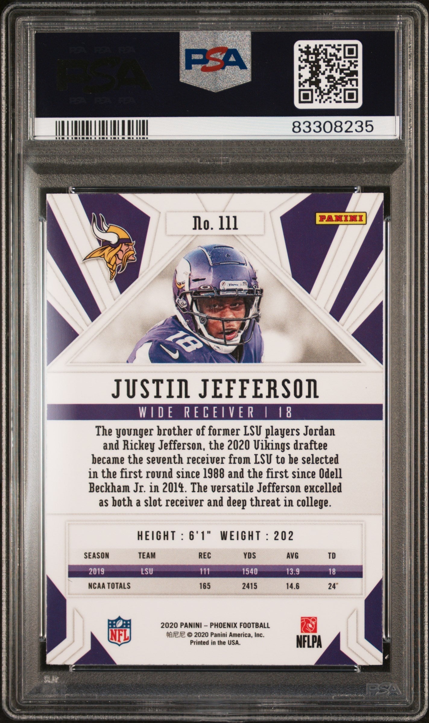 Graded 2020 Panini Phoenix Justin Jefferson #111 Fire Burst Rookie RC
