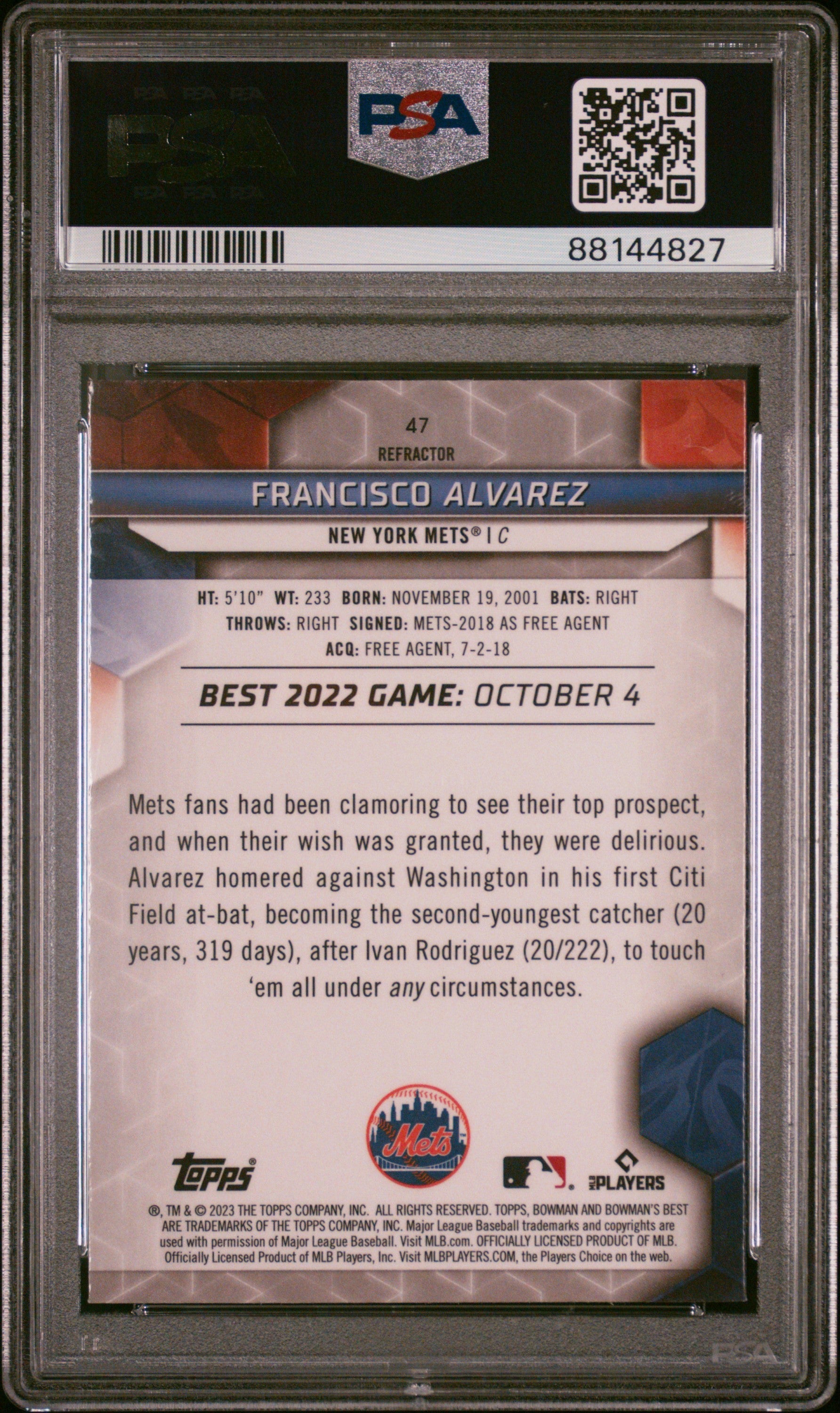 Graded 2023 Topps Bowmans Best Francisco Alvarez #47 Refractor Rookie