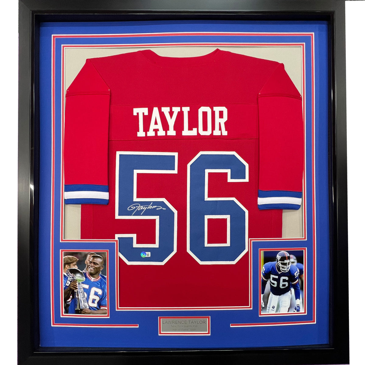 Framed Autographed/Signed Lawrence Taylor 35x39 New York Red Football Jersey JSA COA