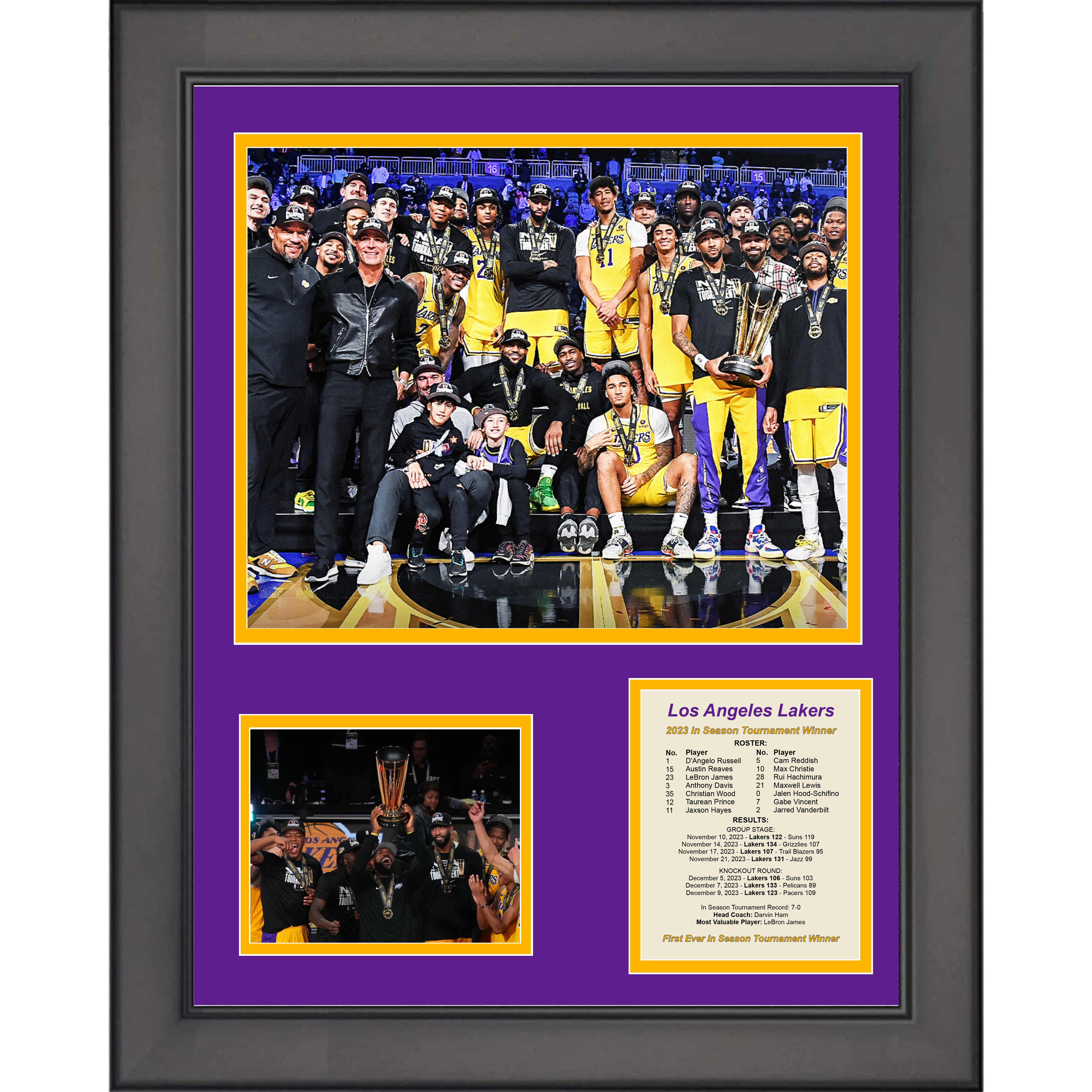 Framed Los Angeles Lakers 2023 NBA In Season Tournament Champions LeBron James MVP Basketball 11"x14" Three Photo Collage