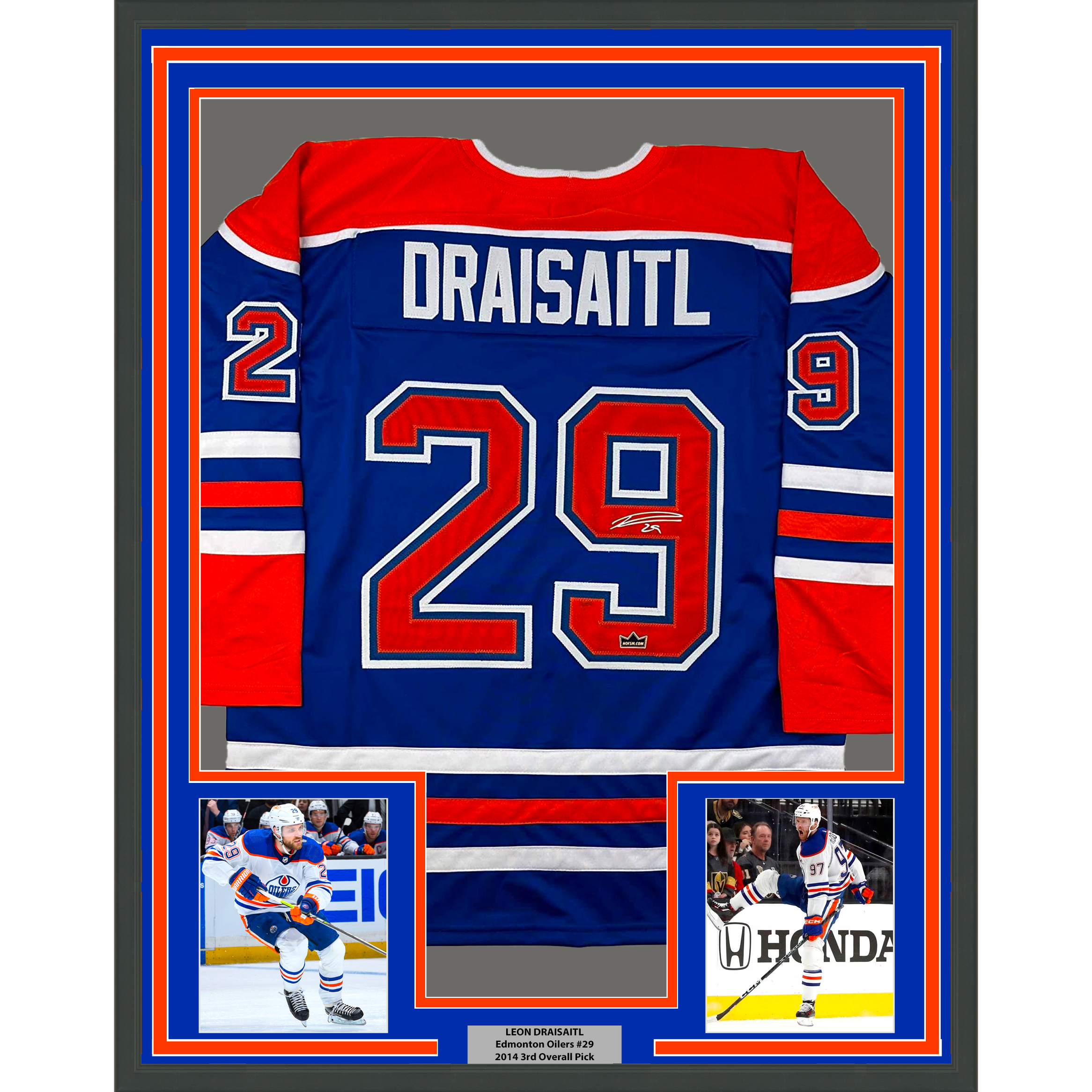 Framed Facsimile Autographed Leon Draisaitl 35x39 Edmonton Blue Reprint Laser Auto Hockey Jersey