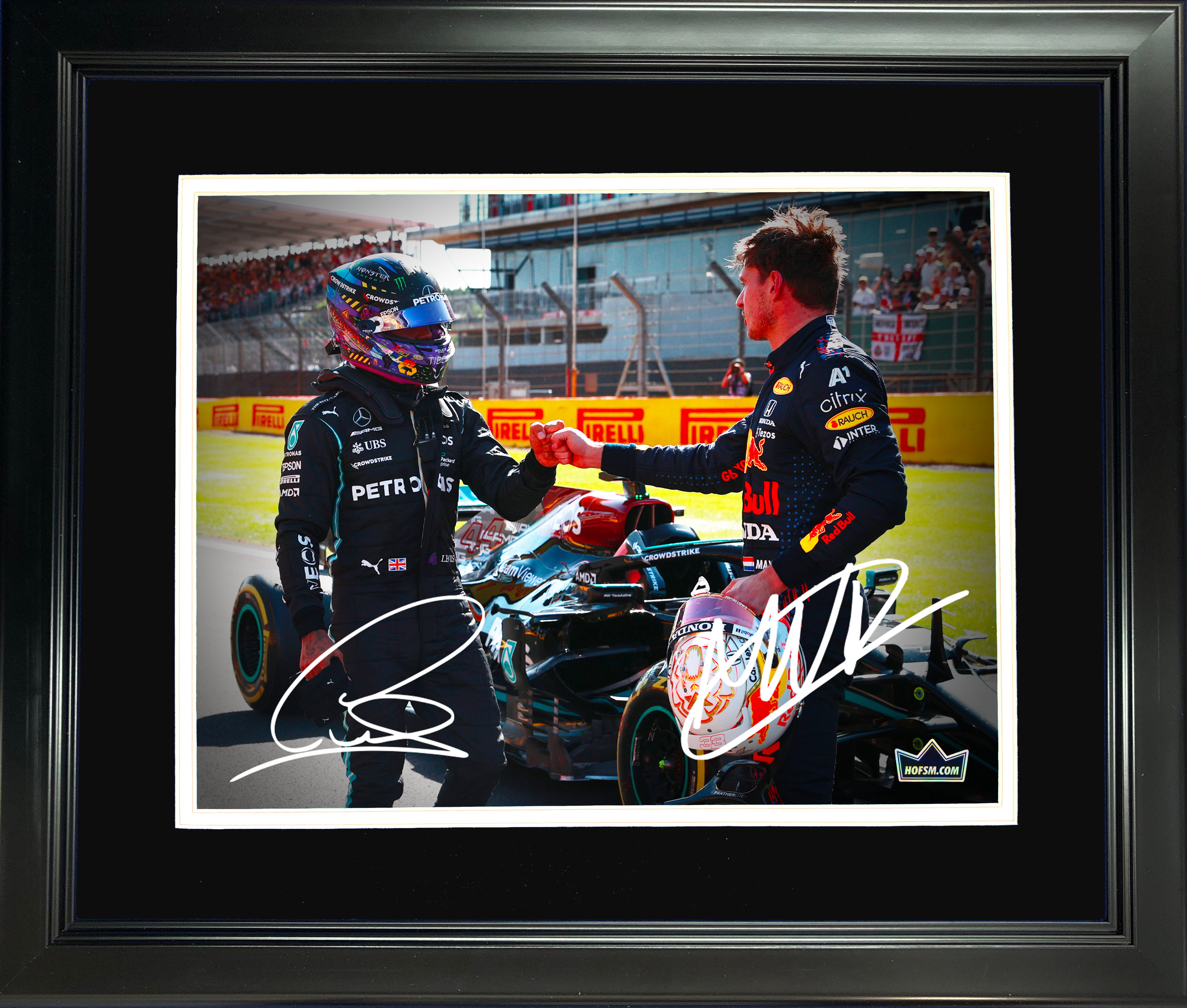 Framed Lewis Hamilton & Max Verstappen Dual Facsimile Laser Engraved Signature Auto 11"x14" F1 Racing Photo HOFSM Holo