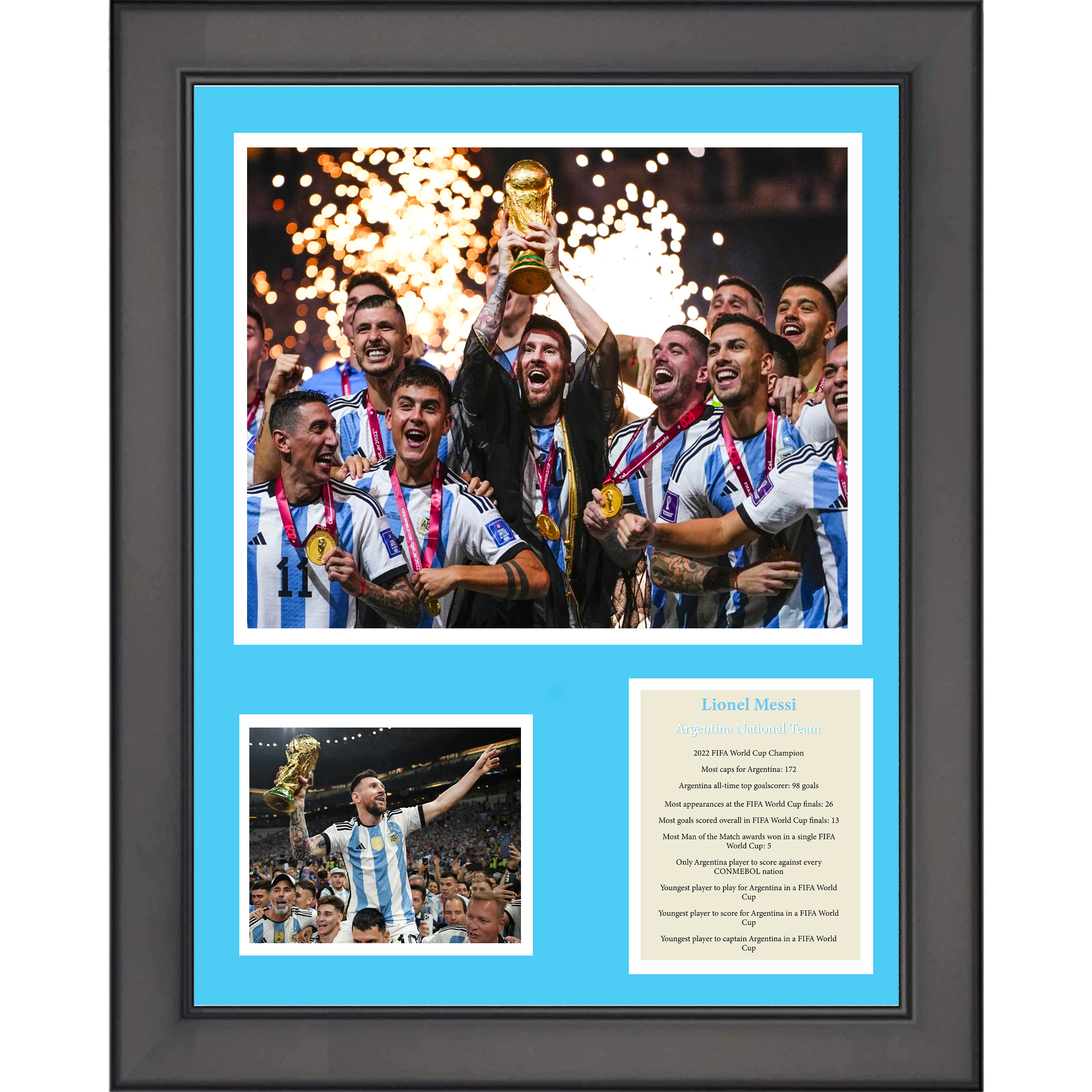 Framed Lionel Messi Argentina National Team World Cup Champions Soccer Futbol 11"x14" Three Photo Collage