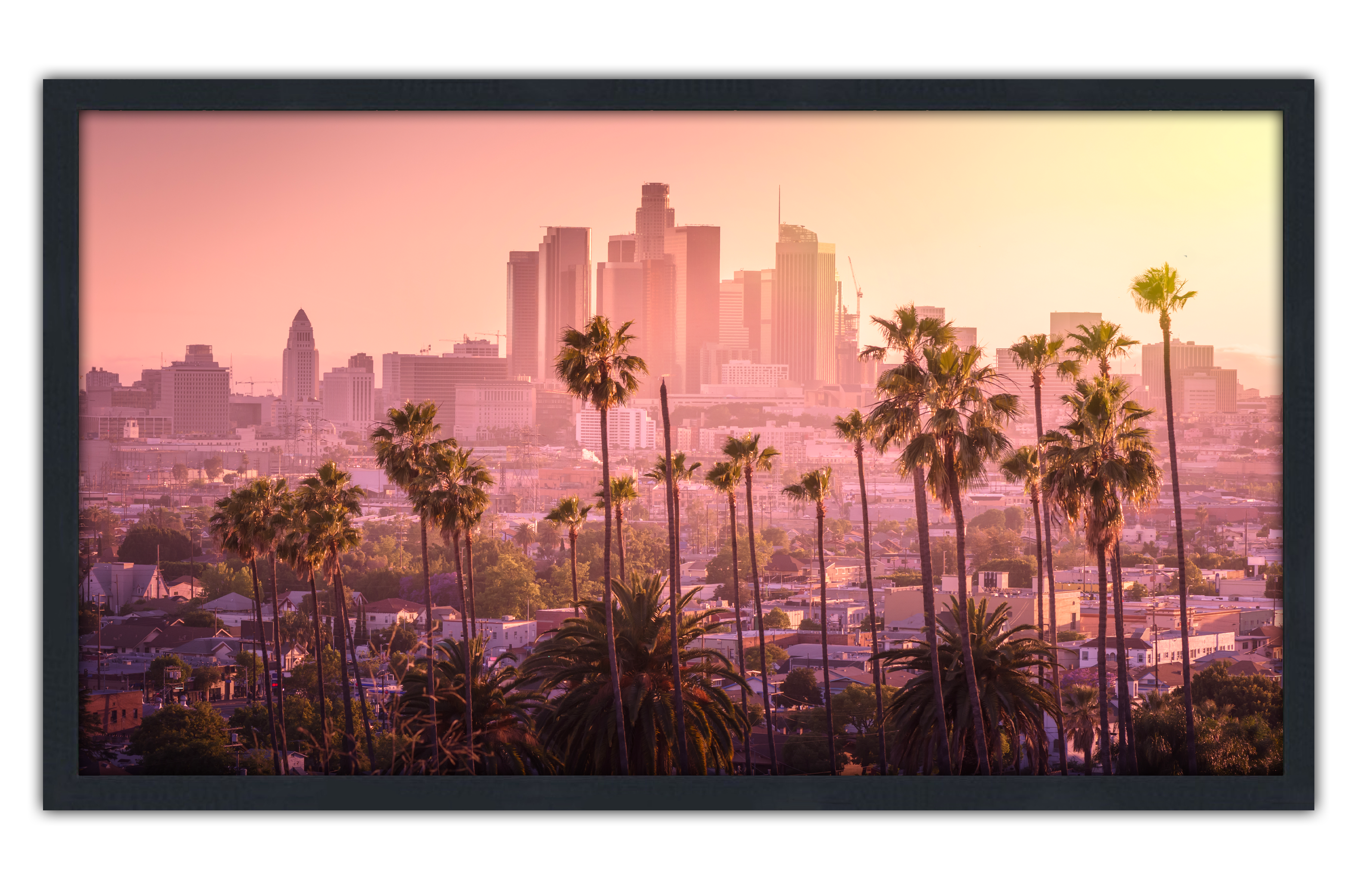 Professionally Framed Los Angeles California Skyline High-Resolution Panoramic Photo 12x22 Wall Art