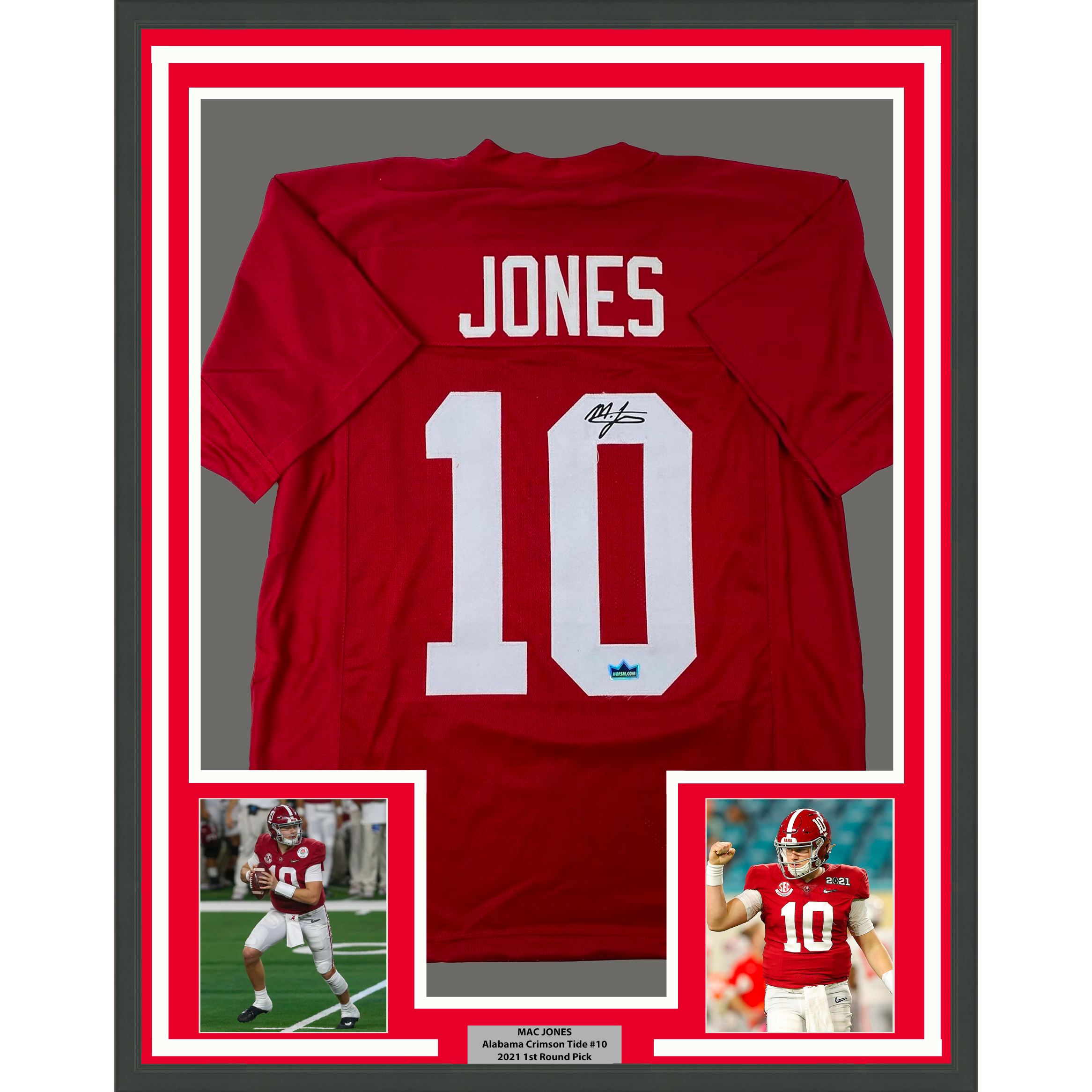 Framed Facsimile Autographed Mac Jones 35x39 Alabama Red Reprint Laser Auto College Football Jersey