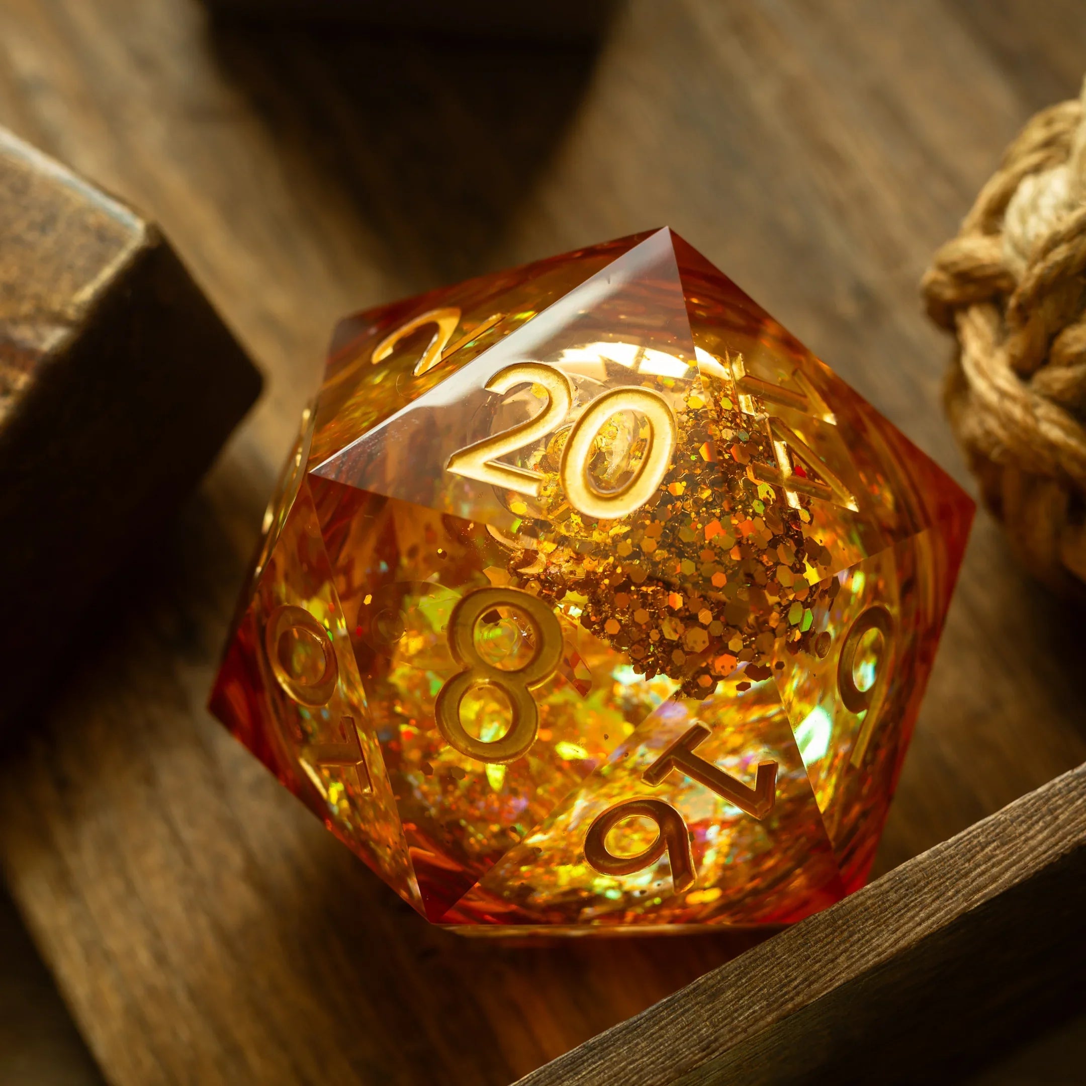 Massive Gold And Glitter Fireball Liquid Core 95MM Chonk Handmade Resin Dice And Box