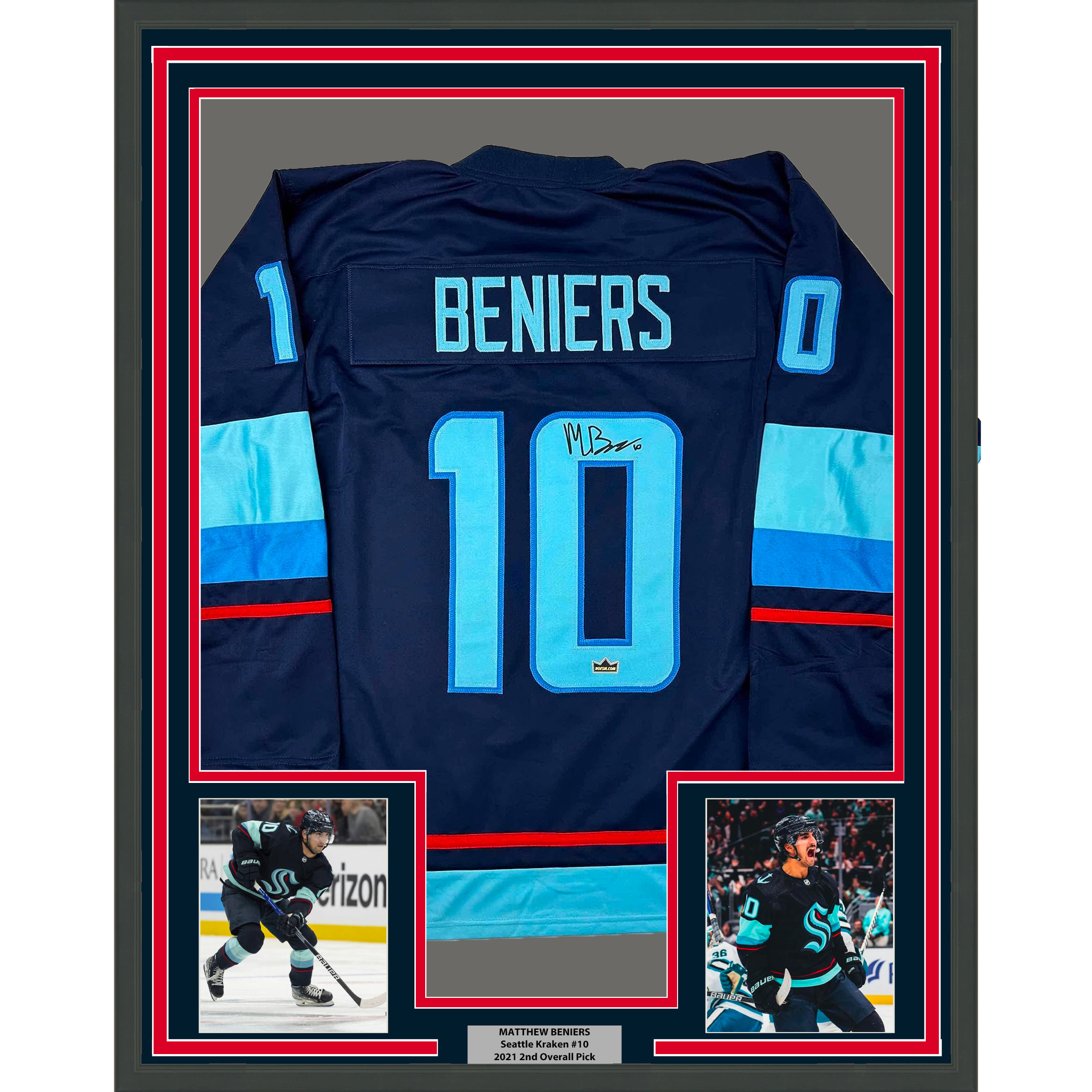 Framed Facsimile Autographed Matty Beniers 35x39 Seattle Blue Reprint Laser Auto Hockey Jersey