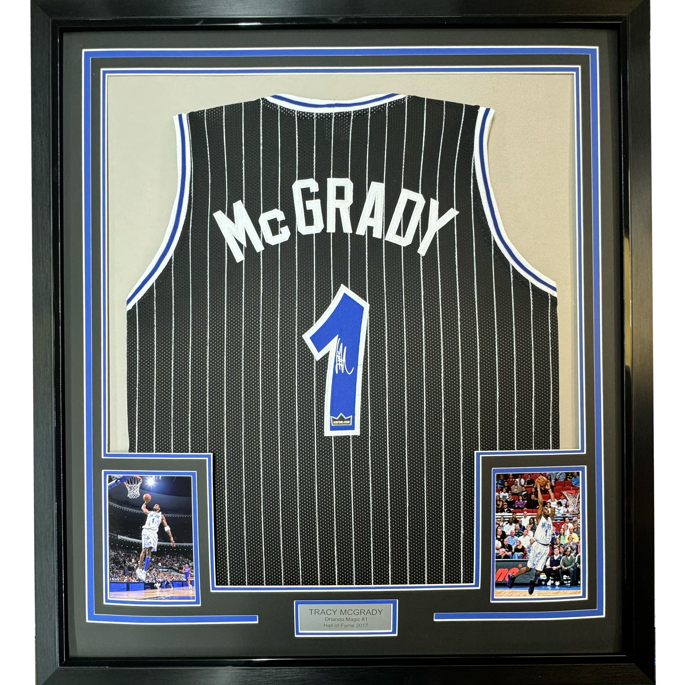 Framed Facsimile Autographed Tracy McGrady 35x39 Orlando Black Pinstripe Reprint Laser Auto Basketball Jersey