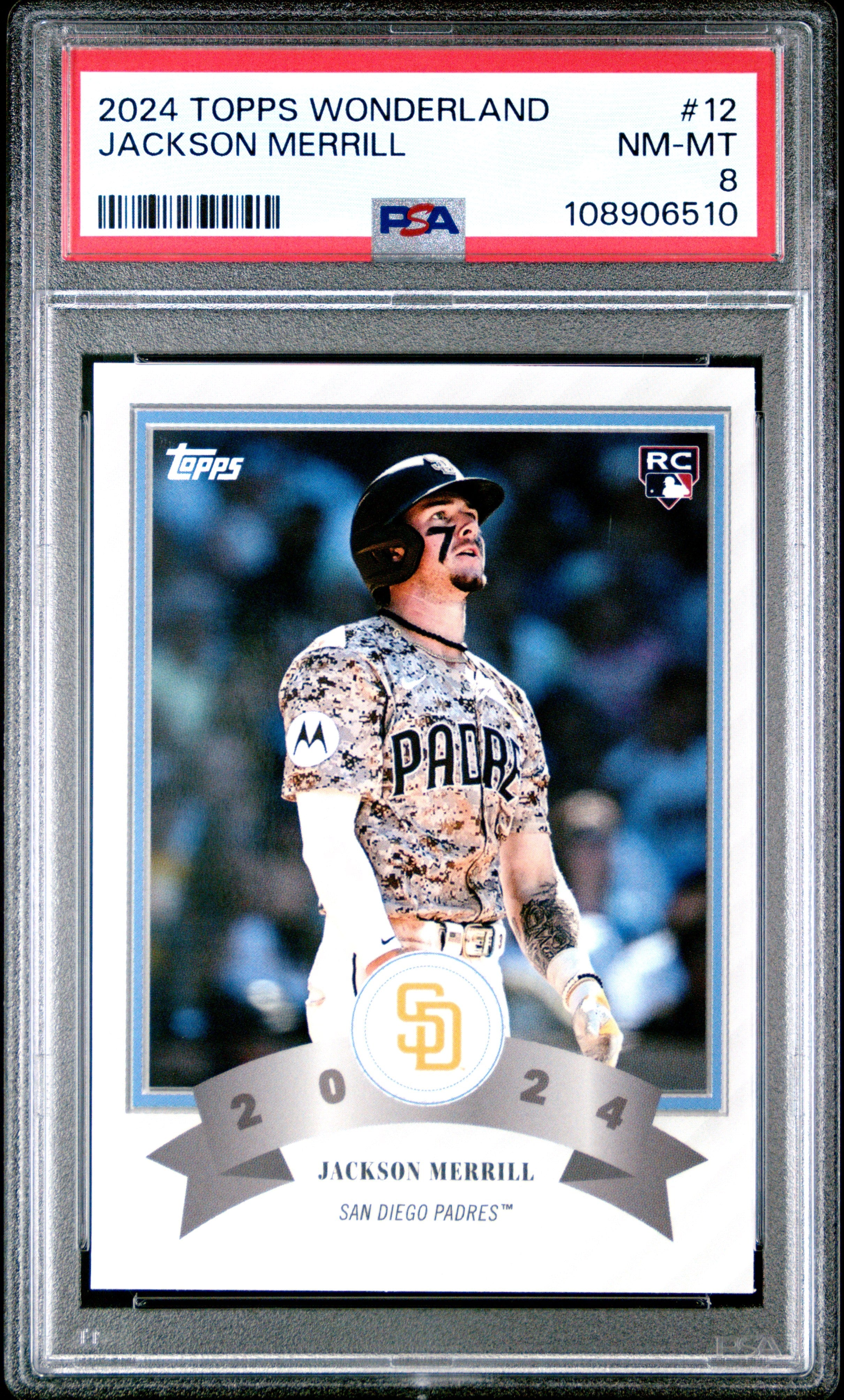 Graded 2024 Topps Wonderland Jackson Merrill #12 Rookie RC Baseball Card PSA 8 Near Mint