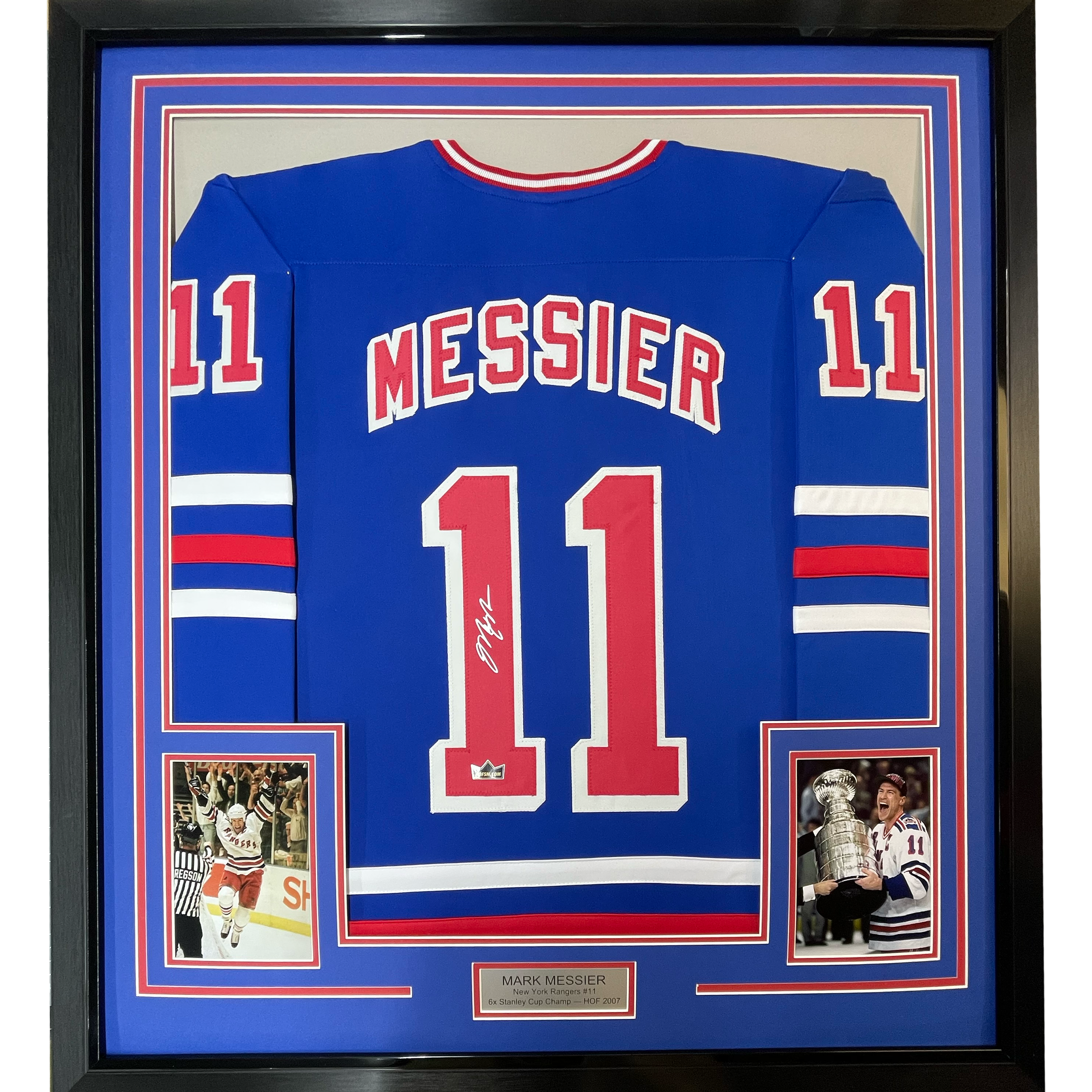 Framed Facsimile Autographed Mark Messier 35x39 New York Blue Reprint Laser Auto Hockey Jersey