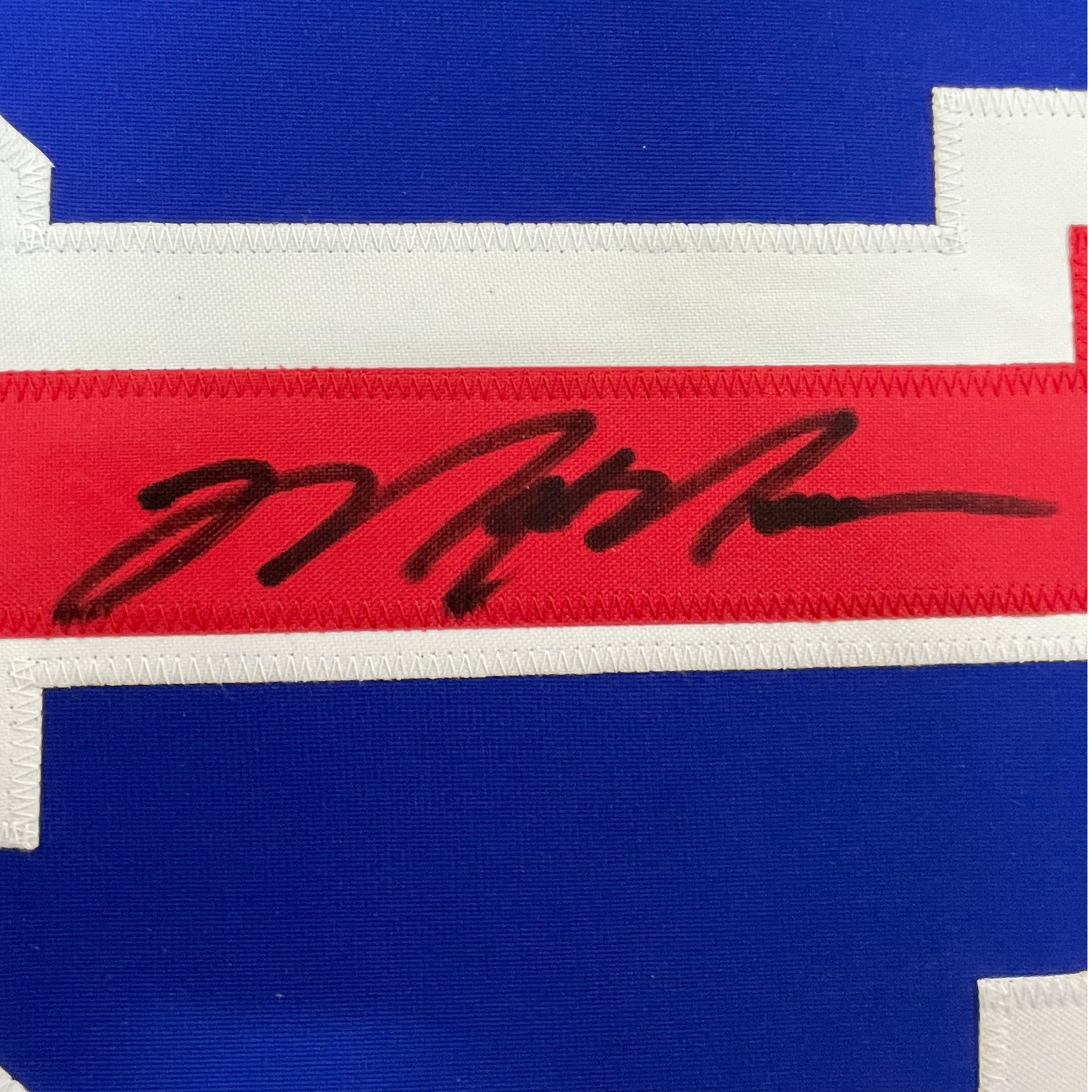 Framed Autographed/Signed Mark Messier 35x39 New York Blue Hockey Jersey JSA COA