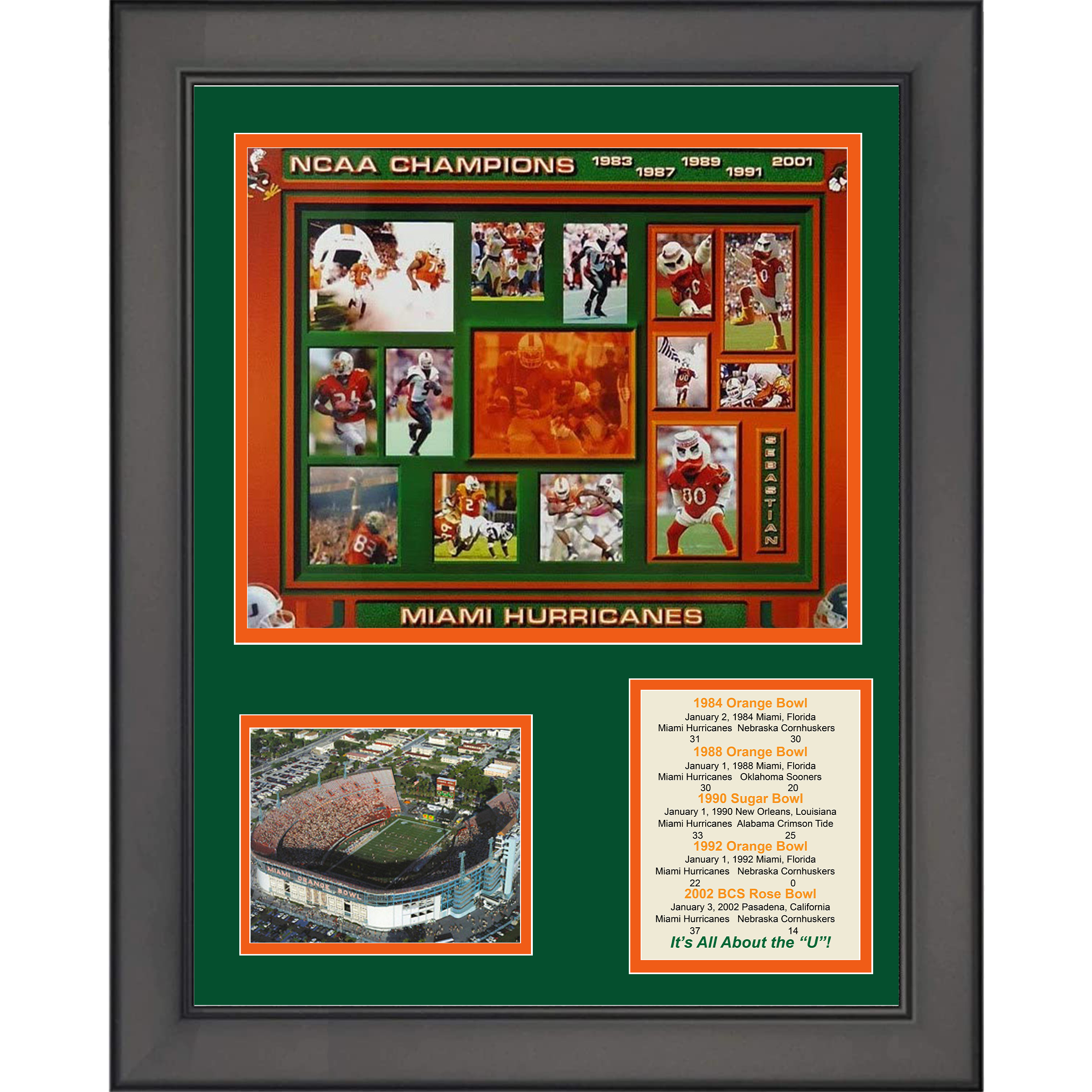 Framed Miami Hurricanes College Football Program History, Championships & Awards 11"x14" Three Photo Collage
