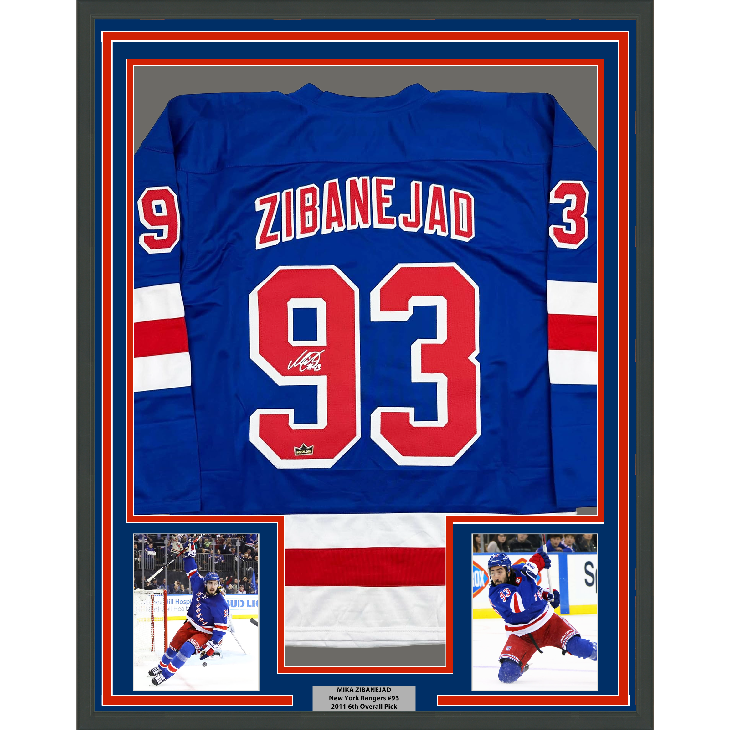 Framed Facsimile Autographed Mika Zibanejad 35x39 New York Blue Reprint Laser Auto Hockey Jersey