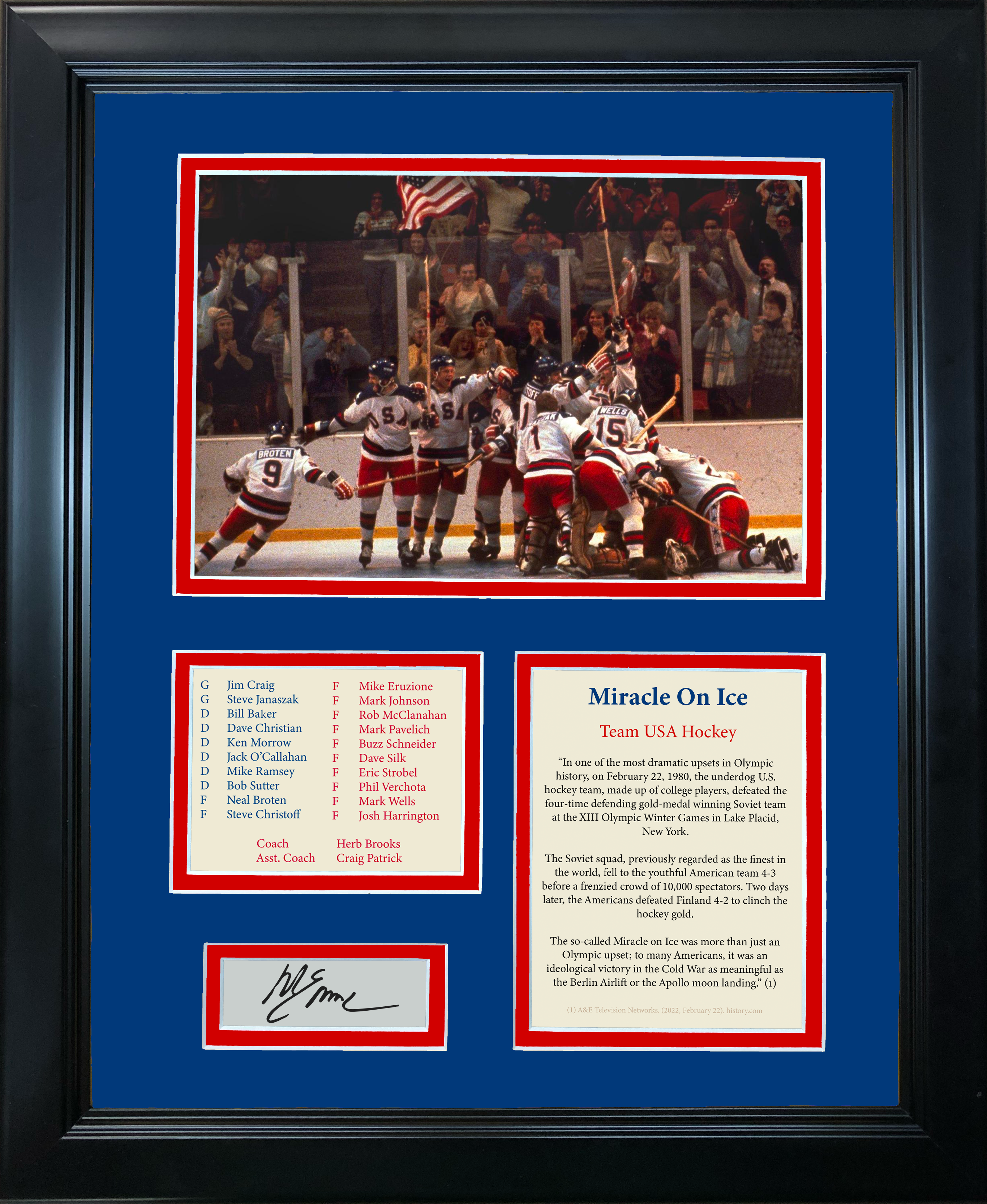 Framed 1980 USA Hockey Miracle On Ice Mike Eruzione Facsimile Laser Engraved Signature Auto Olympics 11"x14" Photo Sig Collage