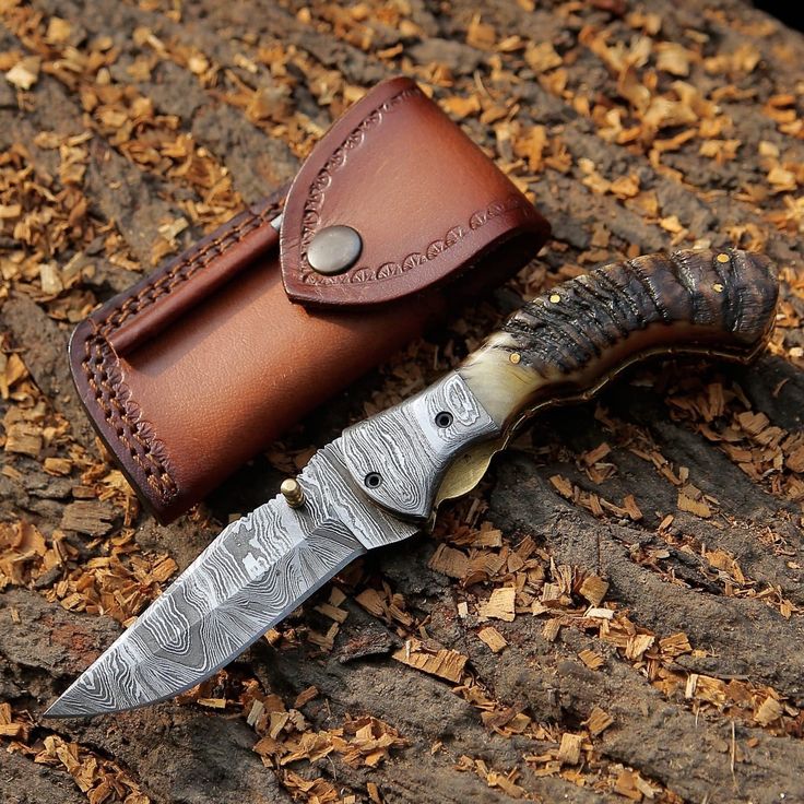 Mountain Majesty - Custom Handcrafted Damascus Steel Folding Pocket Knife with Sheep Horn Handle and Damascus Bolster