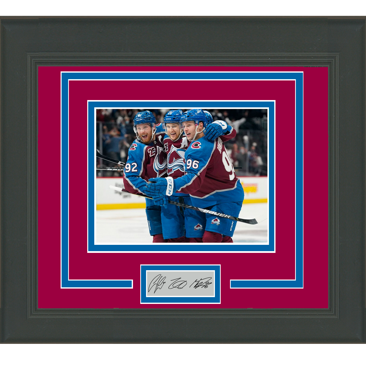 Framed Nathan MacKinnon, Mikko Rantanen and Gabriel Landeskog Facsimile Laser Engraved Signature Auto Colorado Avalanche 11x14 Hockey Photo