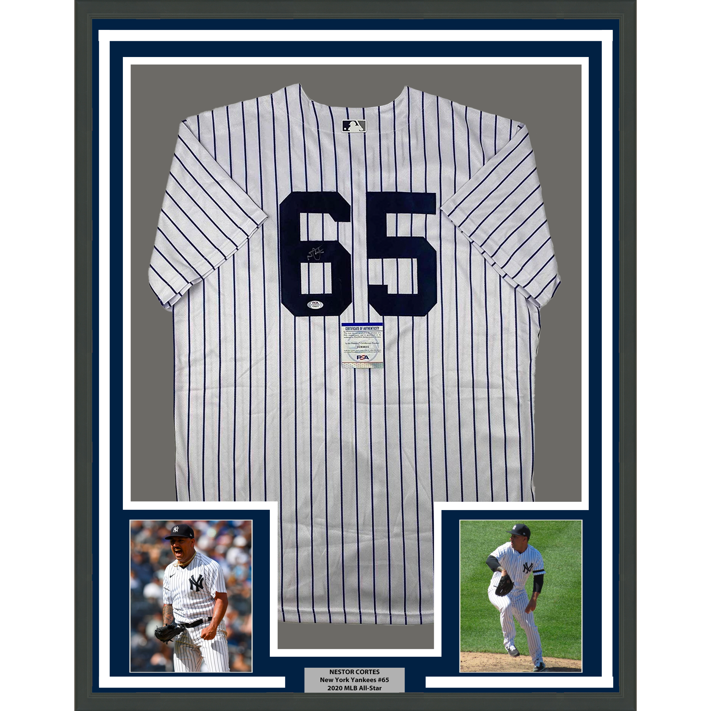 Framed Autographed/Signed Nestor Cortes 35x39 New York Pinstripe Baseball Jersey PSA/DNA COA