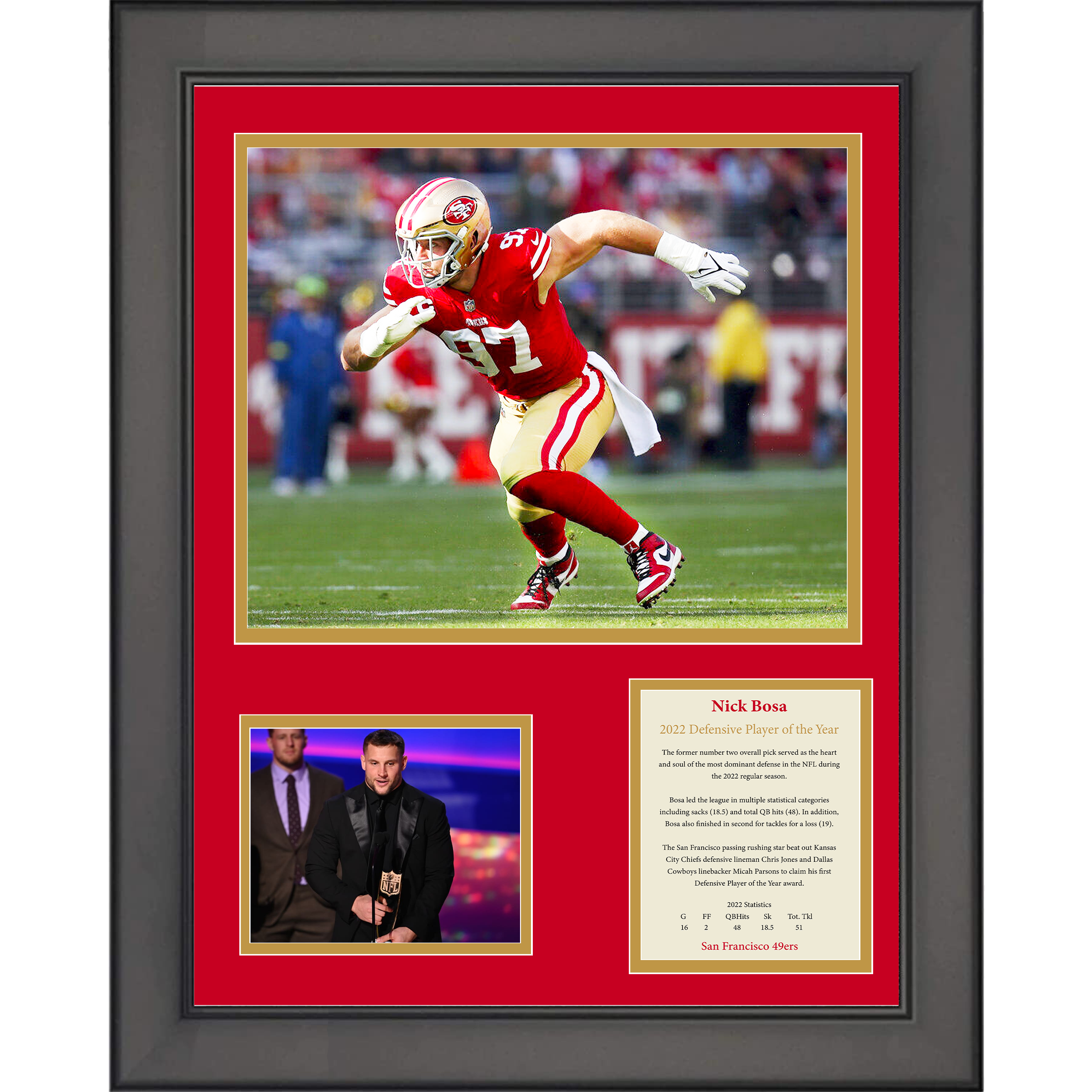 Framed Nick Bosa 2022 Defensive Player of The Year Award San Francisco 49ers 11"x14" Football Three Photo Collage