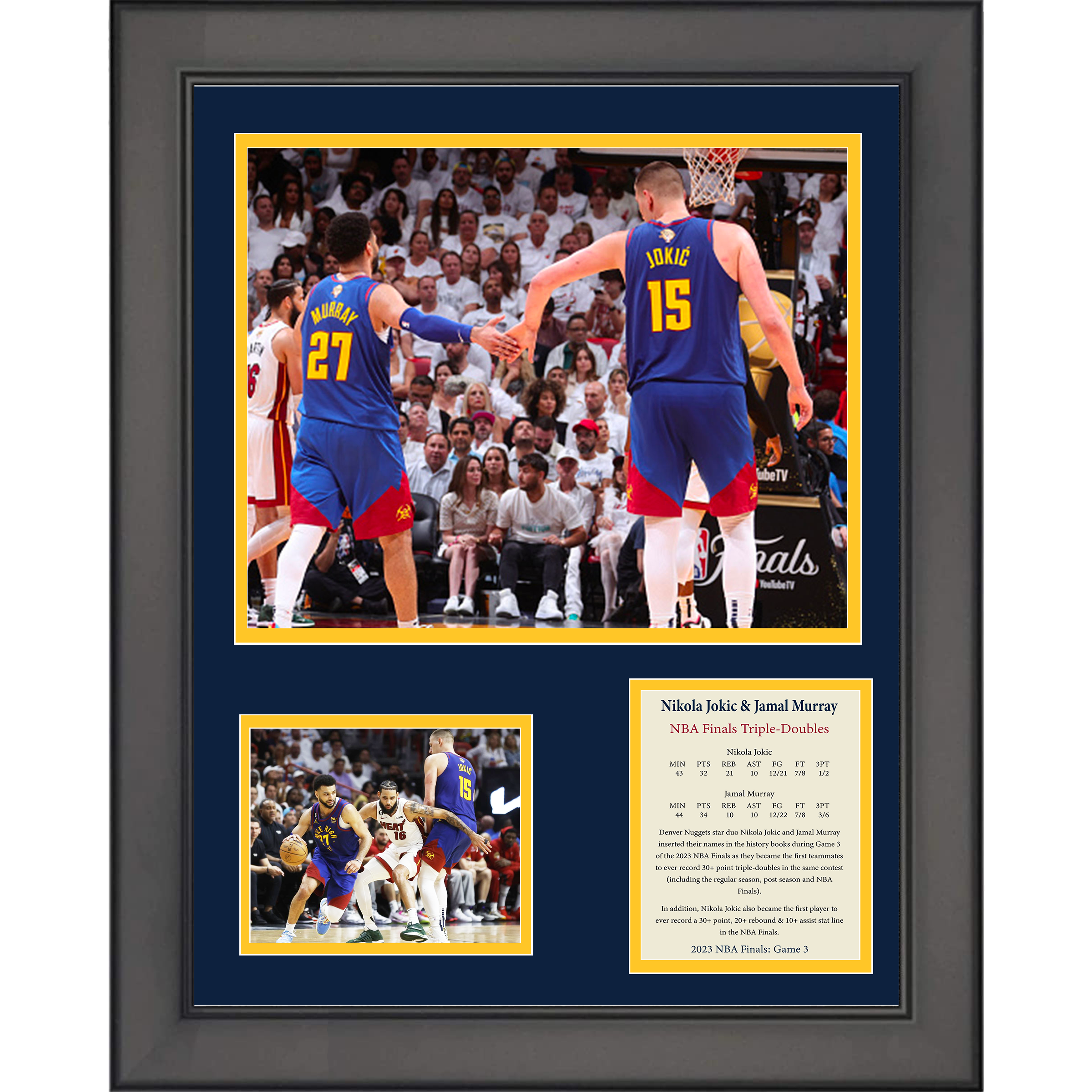 Framed Nikola Jokic & Jamal Murray Historic Game 3 Triple-doubles Denver Nuggets 2023 NBA Finals Basketball 11"x14" Three Photo Collage