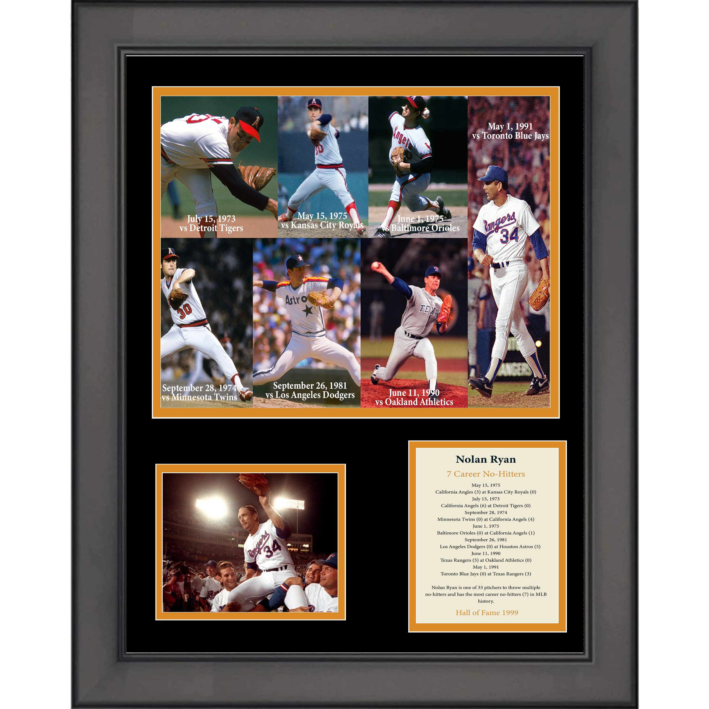 Framed Nolan Ryan 7 Career No-Hitters 11"x14" Baseball Three Photo Collage
