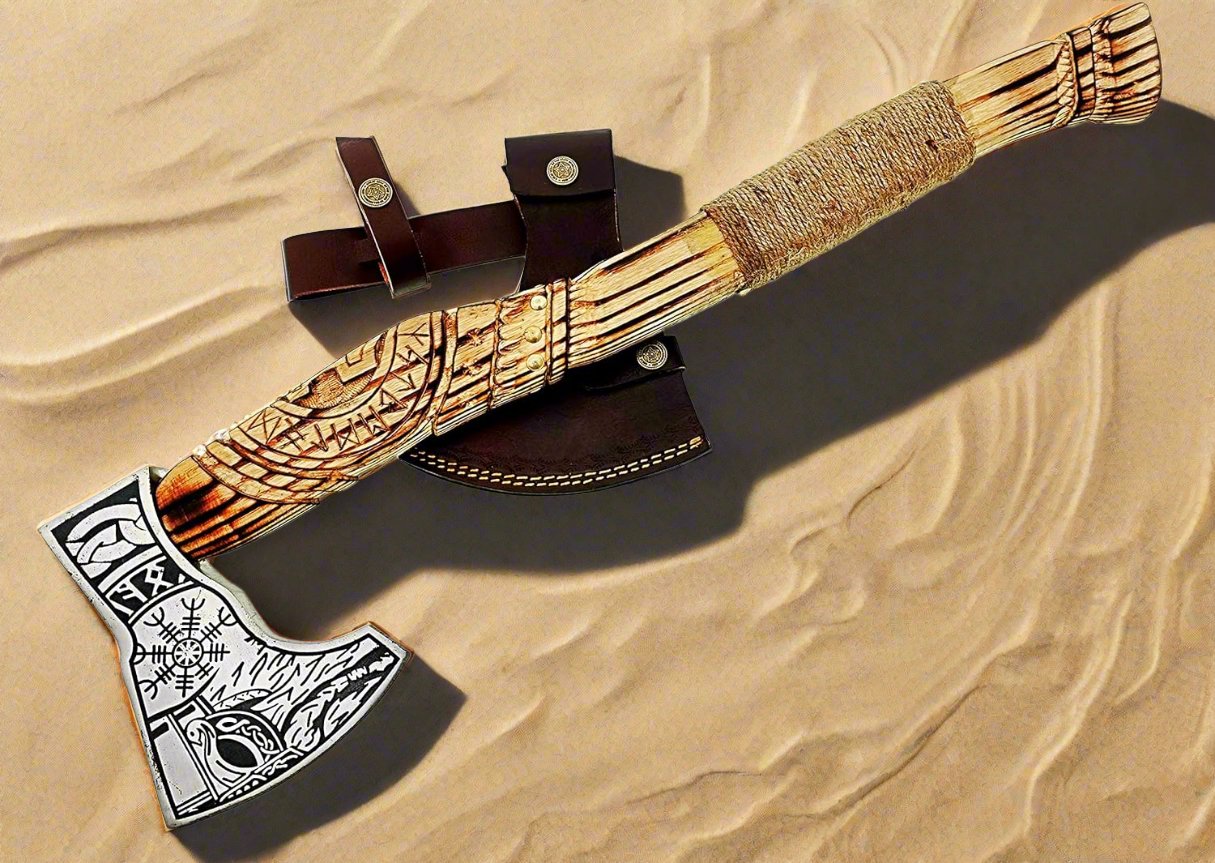 Norse Axe with Custom Handmade Forged 1095 Steel Blade and Hand Engraved Ash Wood Handle – Odin’s Edge