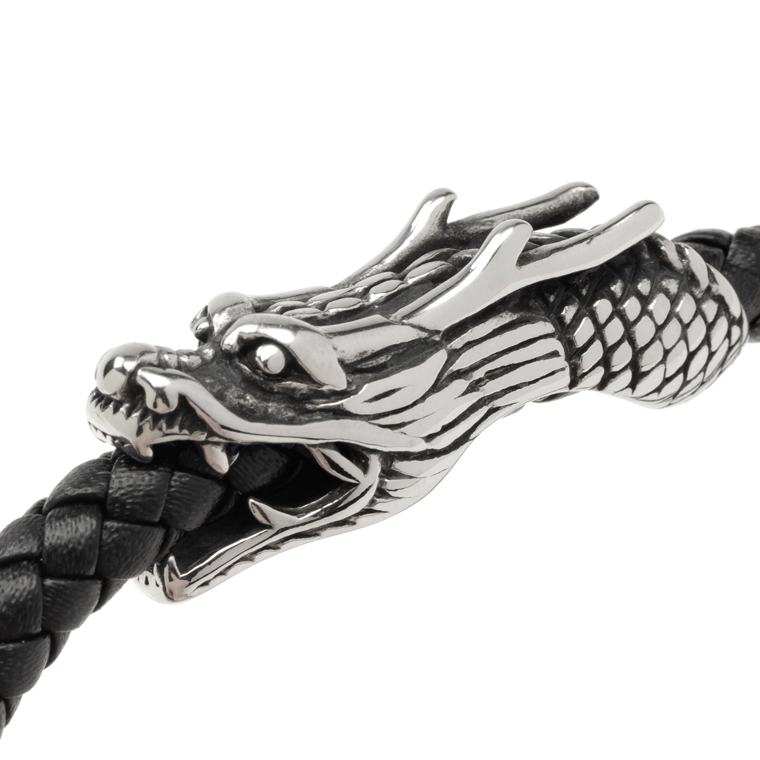 Dragon Head Braided Black Leather Bracelet with Magnetic Closure