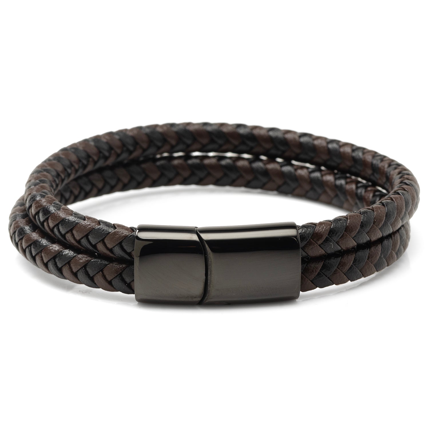 Black and Brown Braided Leather Bracelet with Gunmetal Stainless Steel Magnetic Clasp
