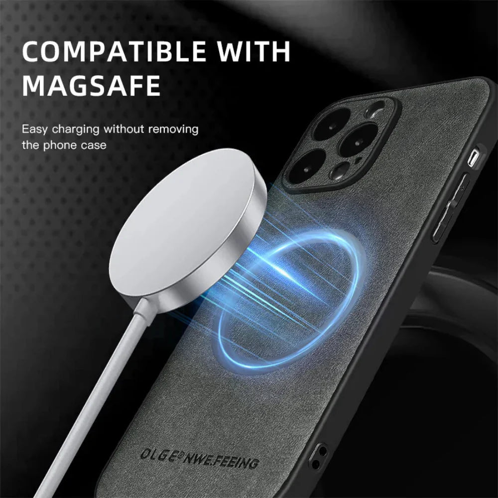 Vegan Leatther Magnetic charging compatible Phone Case for iPhone 13 to 17