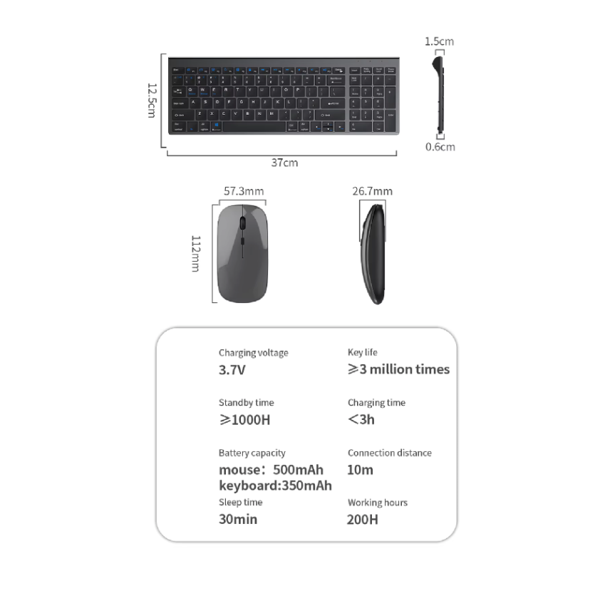 Onetify Dual Mode Wireless Ultra Thin Full Size Wireless Keyboard and Mouse Set