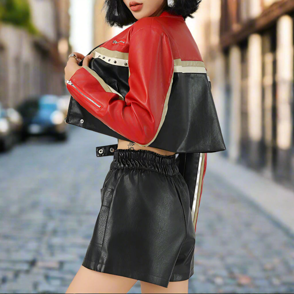 Women Cropped Vegan Leather Biker Jacket