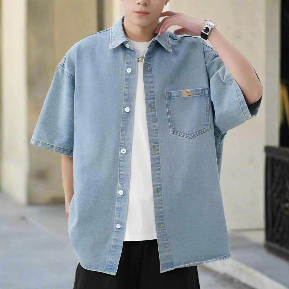 Men 's Over Size Washed Denim Short Sleeve Shirt
