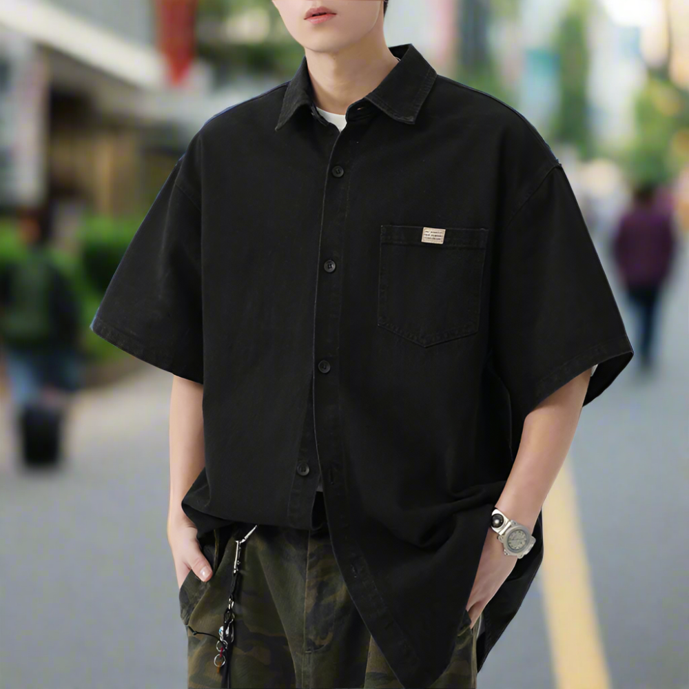 Men 's Over Size Washed Denim Short Sleeve Shirt