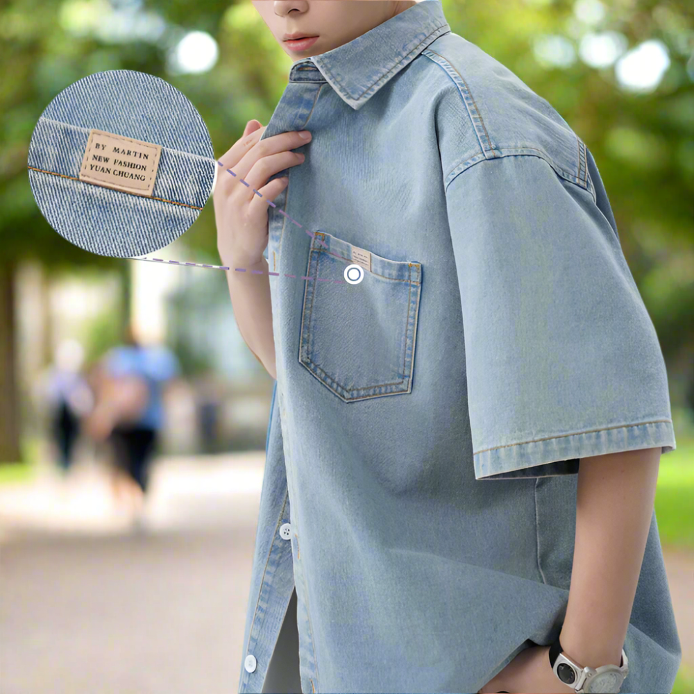 Men 's Over Size Washed Denim Short Sleeve Shirt