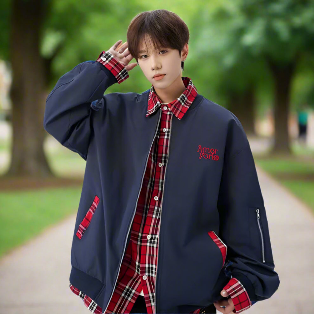 Mens Layered Look Jacket with Red Plaid Details