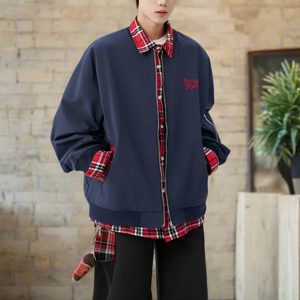 Mens Layered Look Jacket with Red Plaid Details
