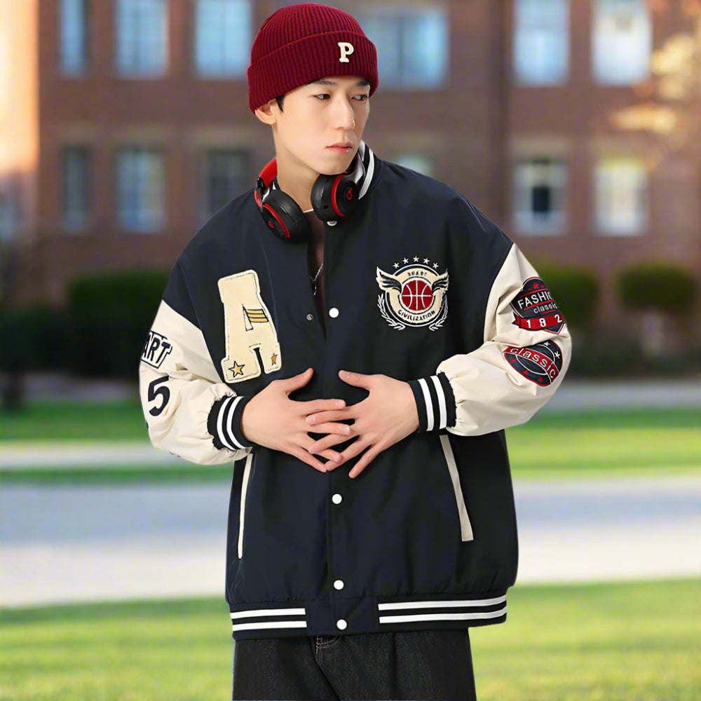 Mens Oversize Two Tone Embroidery Patch Baseball Jacket