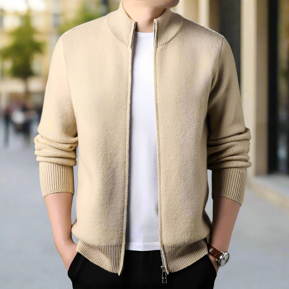 Mens Stand Collar Duble Zip Cardigan