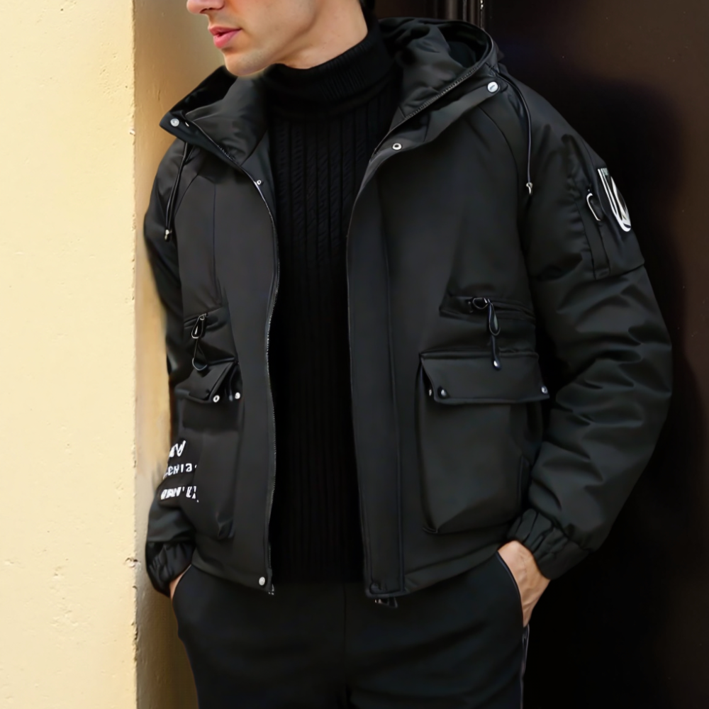 Mens High Collar Zipper Hooded Jacket