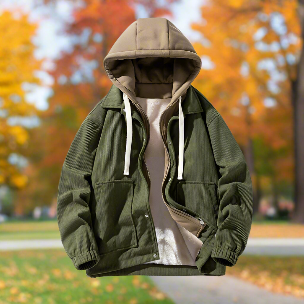 Mens Layered Look Hooded Corduroy Jacket With Faux Fur Lining