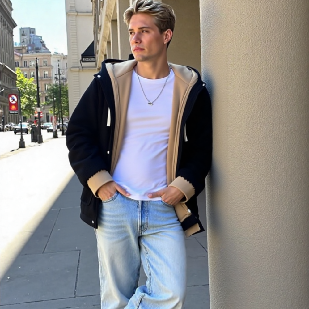 Mens Layered Look Hooded Corduroy Jacket With Faux Fur Lining