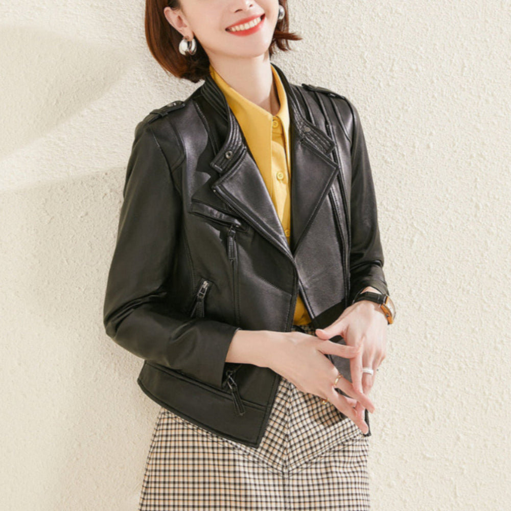 Women's Lapel Collar Vegan Biker Jacket