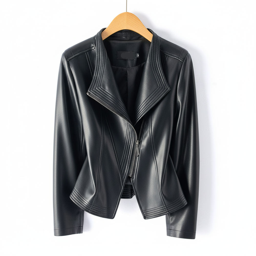 Women's Lapel Collar Vegan Leather Jacket