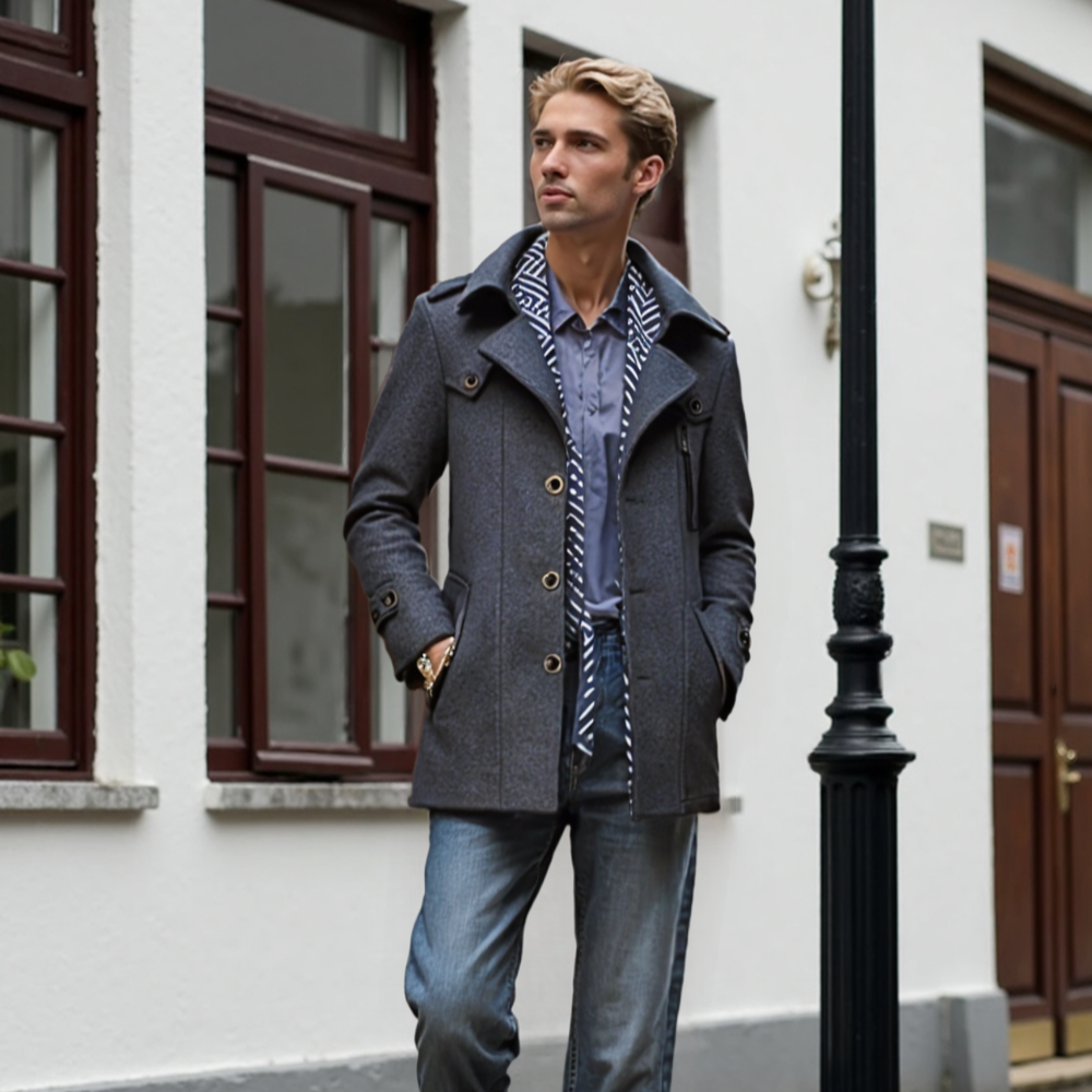 Mens Layered Collar Button Front Mid Length Coat